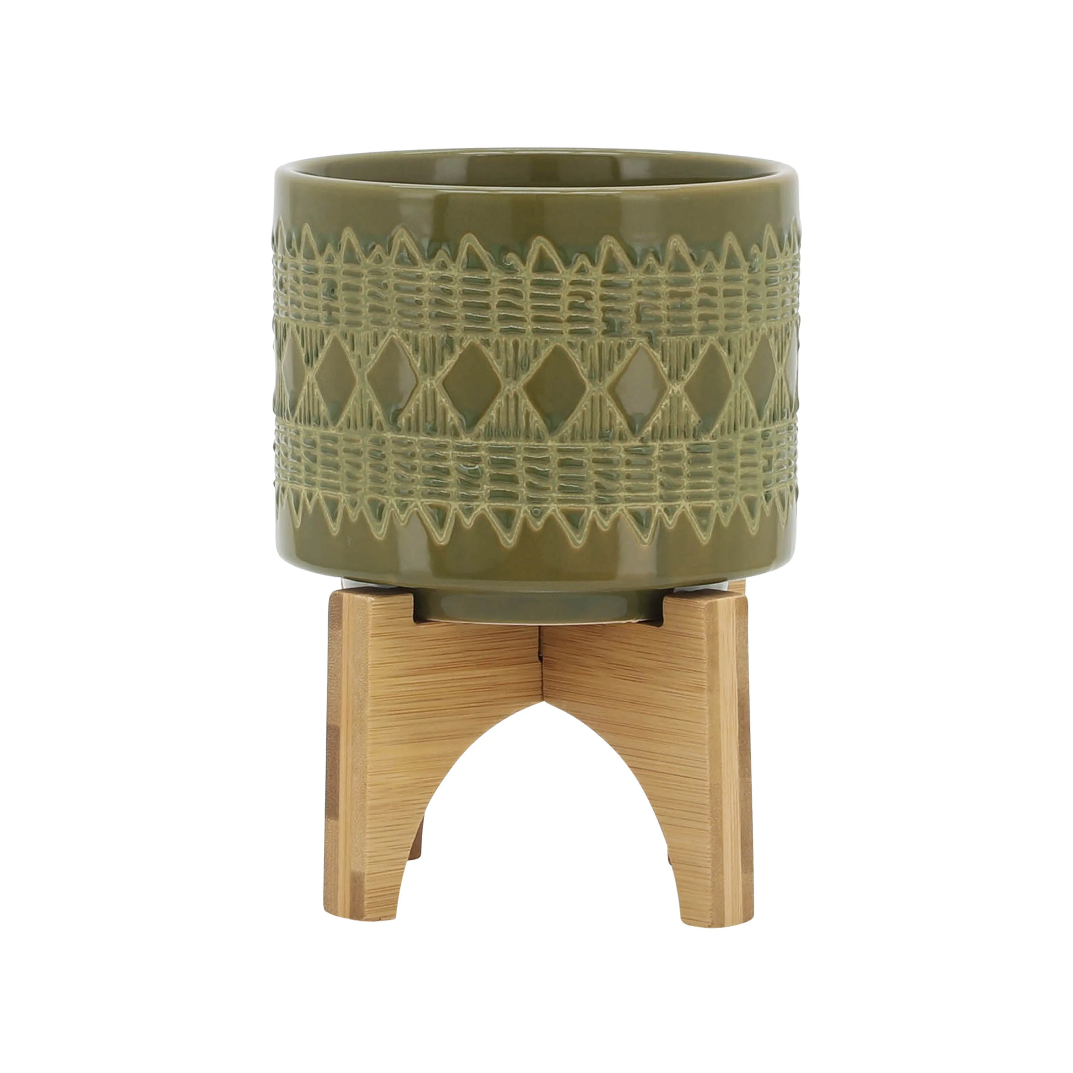 CERAMIC 5" AZTEC PLANTER ON WOODEN STAND, OLIVE