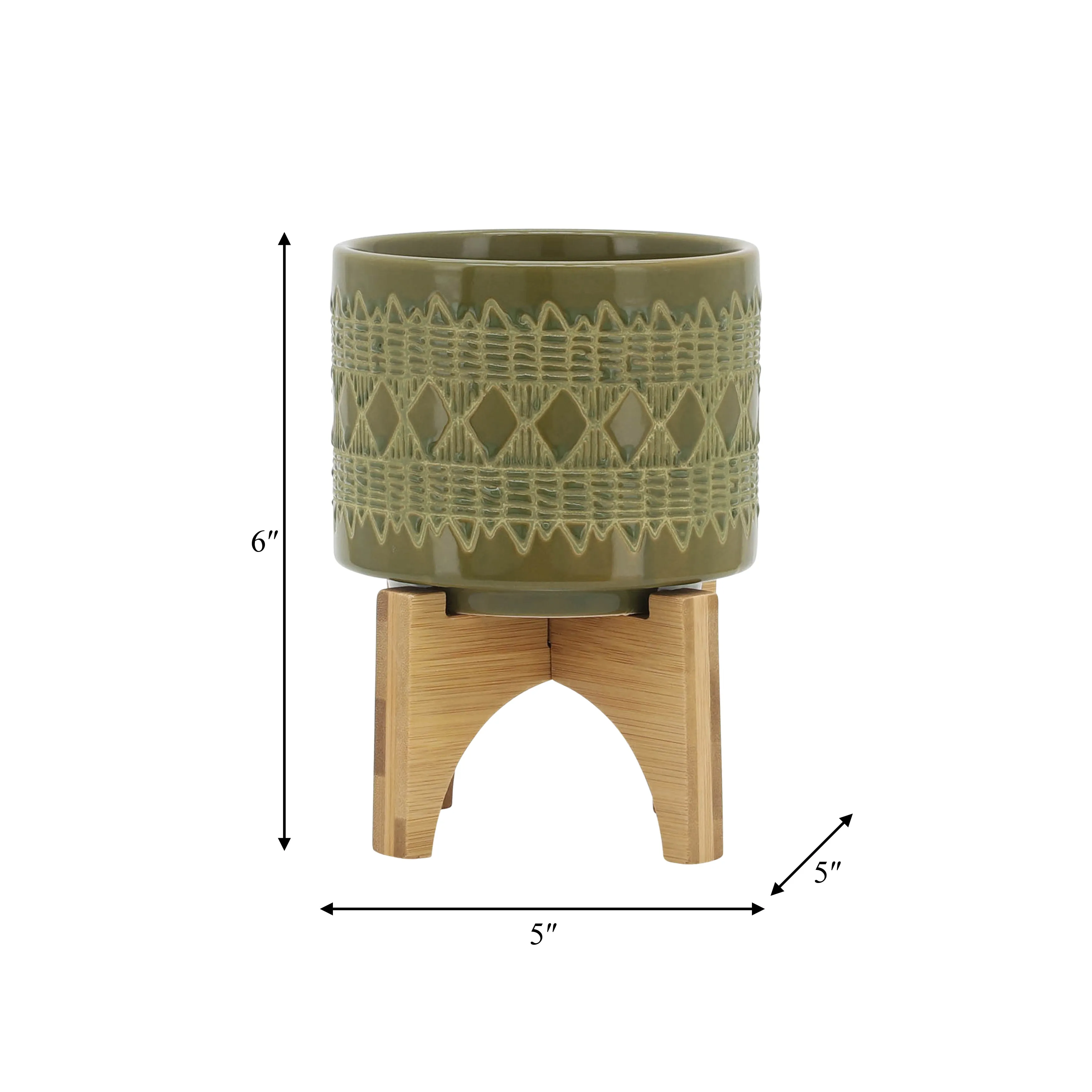 CERAMIC 5" AZTEC PLANTER ON WOODEN STAND, OLIVE