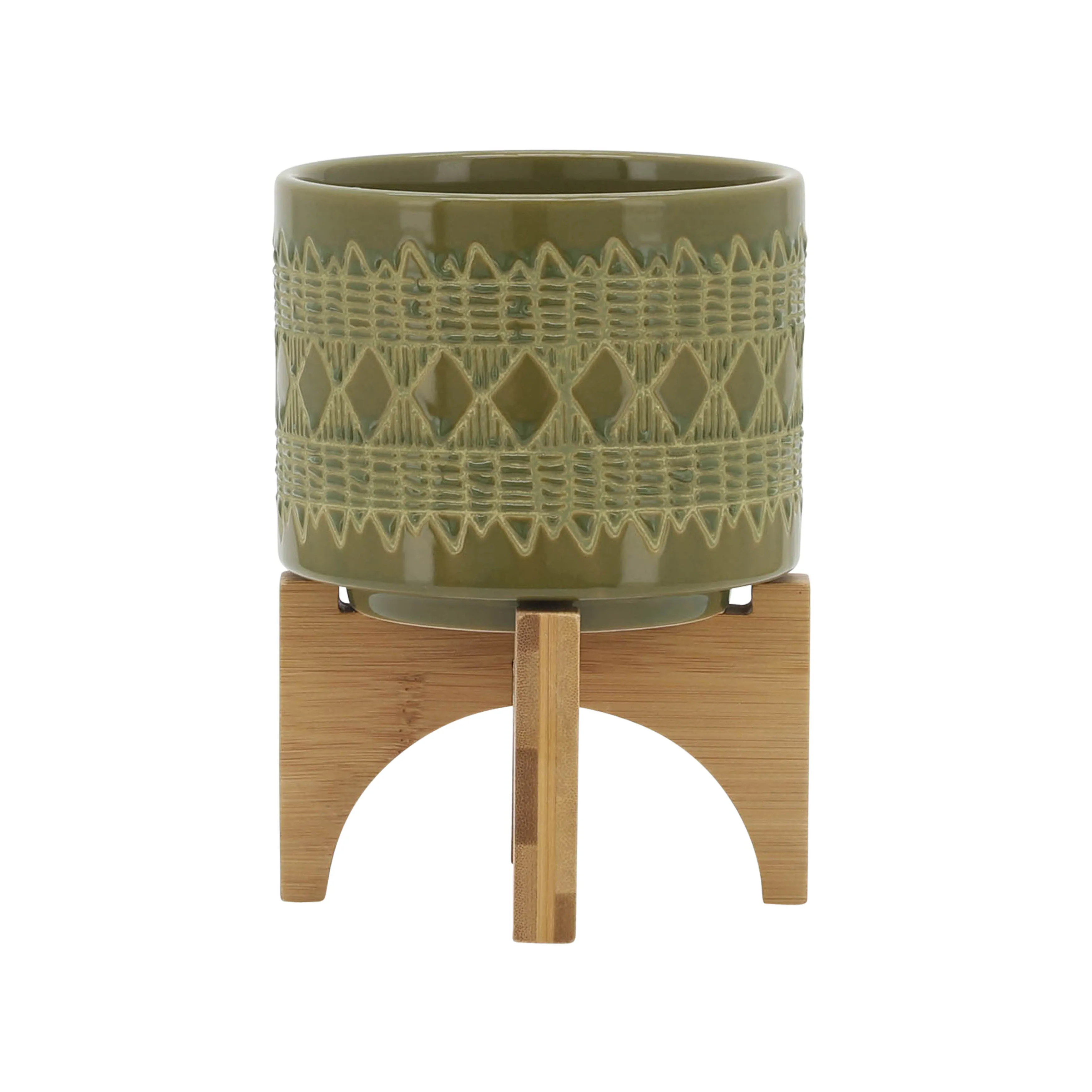 CERAMIC 5" AZTEC PLANTER ON WOODEN STAND, OLIVE