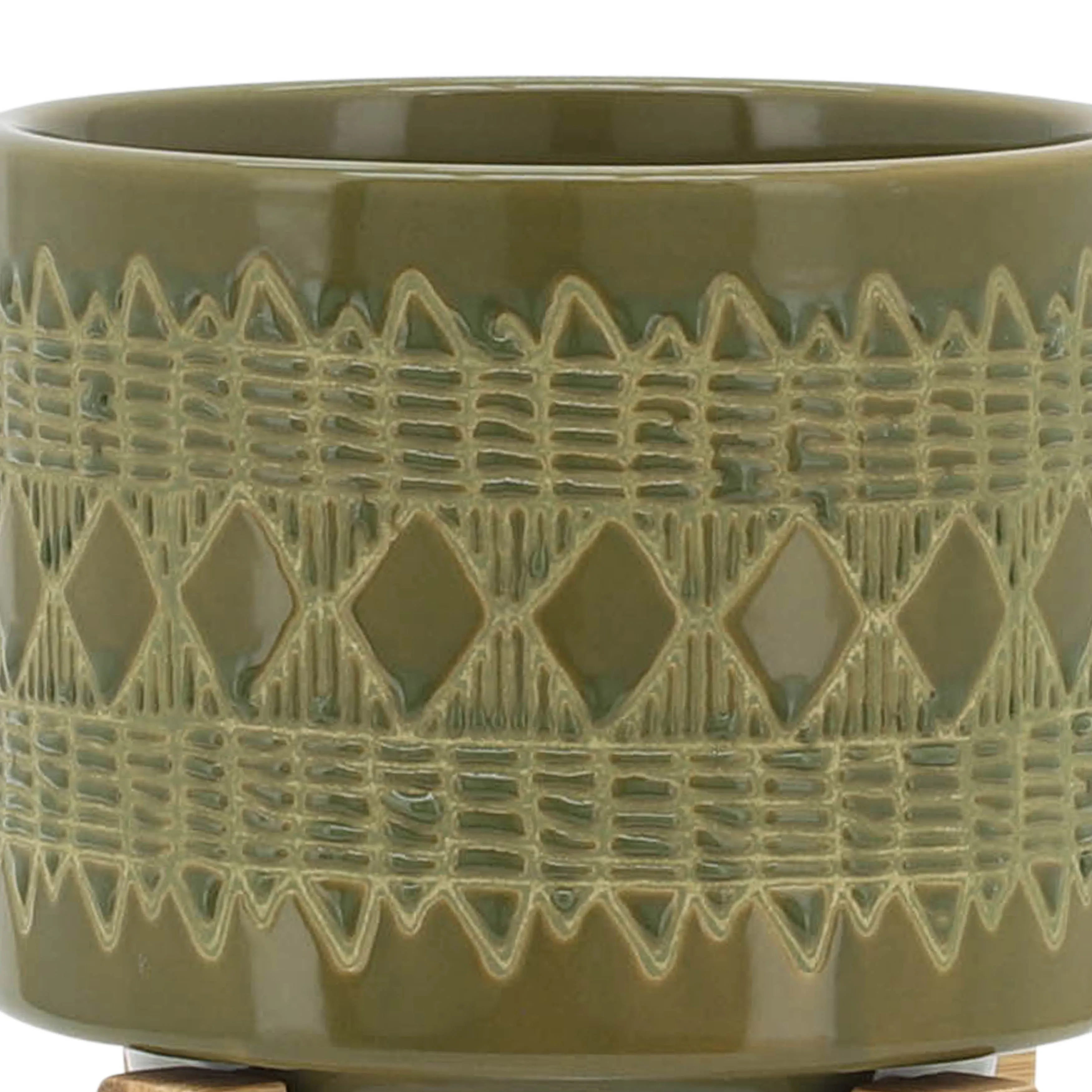 CERAMIC 5" AZTEC PLANTER ON WOODEN STAND, OLIVE