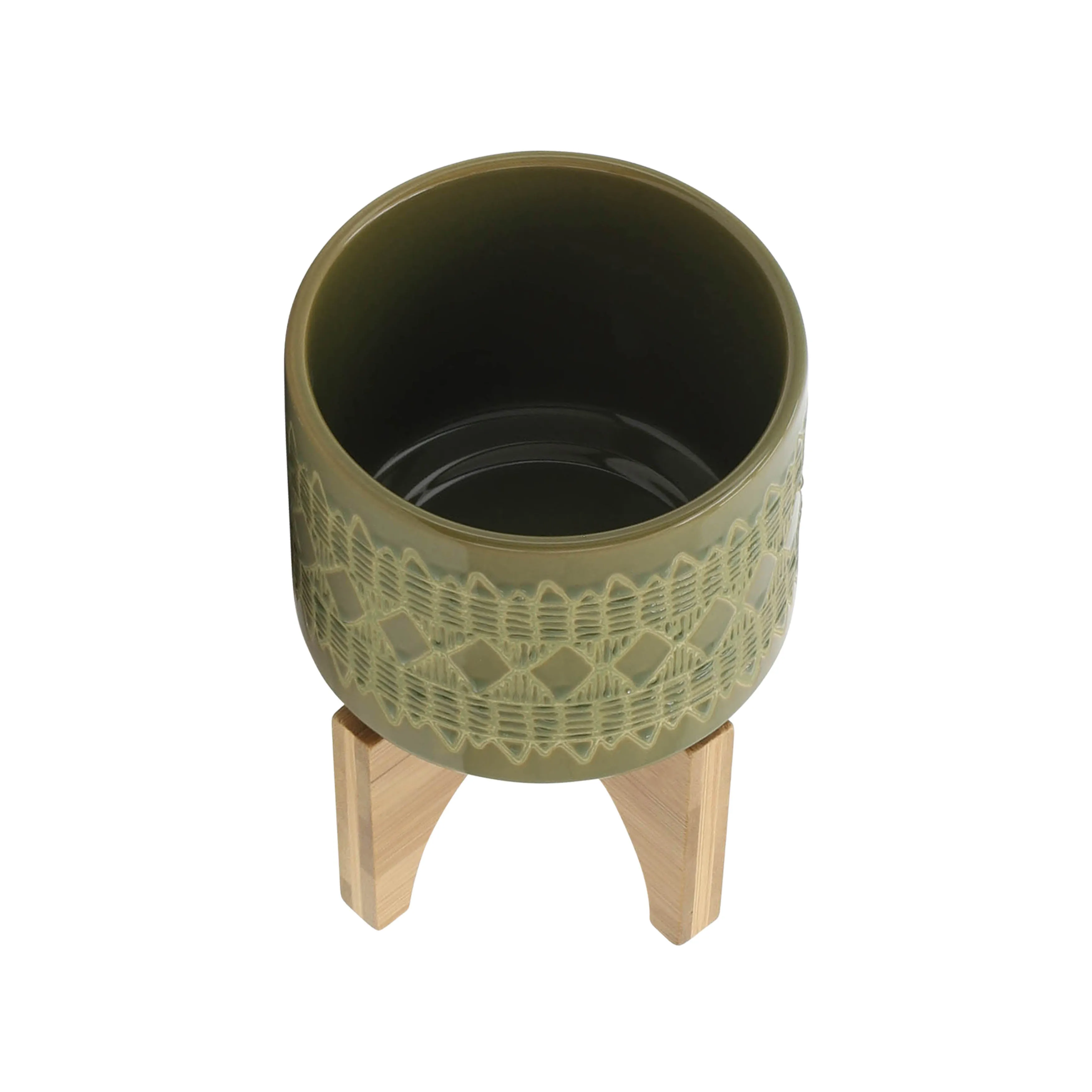 CERAMIC 5" AZTEC PLANTER ON WOODEN STAND, OLIVE
