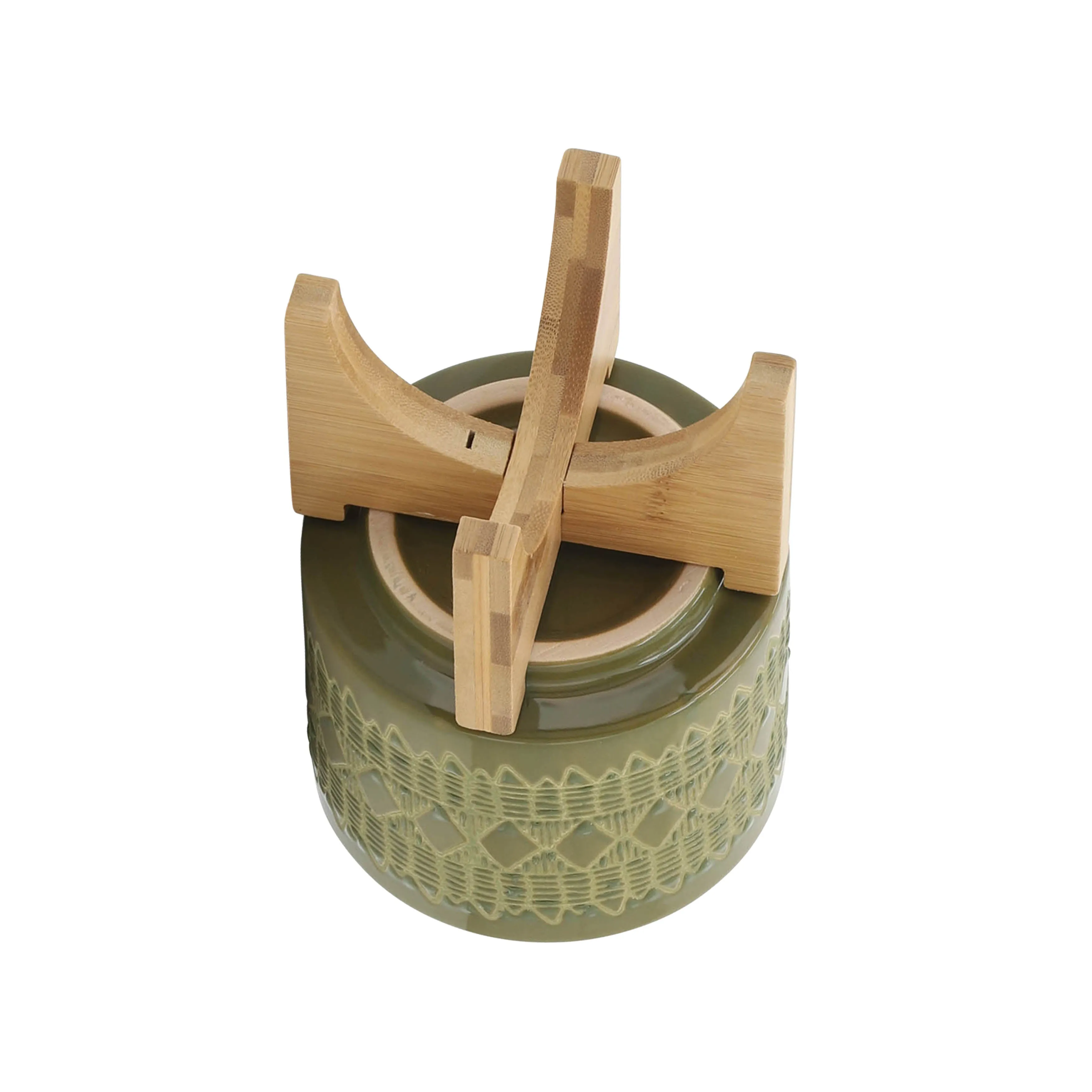 CERAMIC 5" AZTEC PLANTER ON WOODEN STAND, OLIVE
