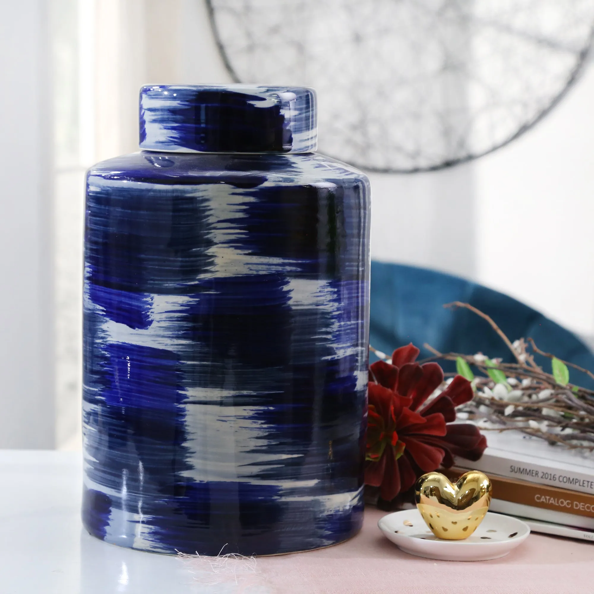 CERAMIC JAR W/ LID 14"H, WHITE/BLUE