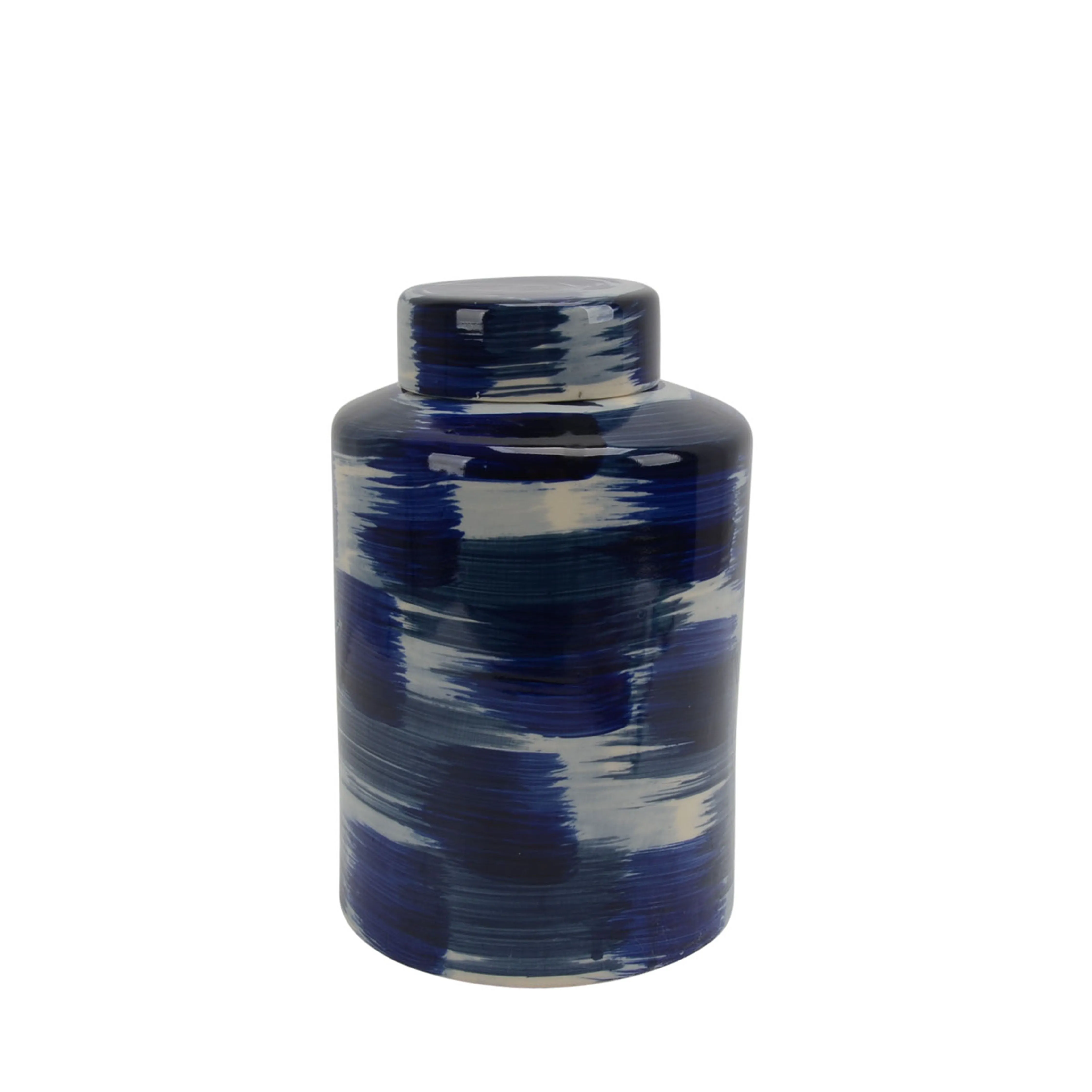 CERAMIC JAR W/ LID 14"H, WHITE/BLUE