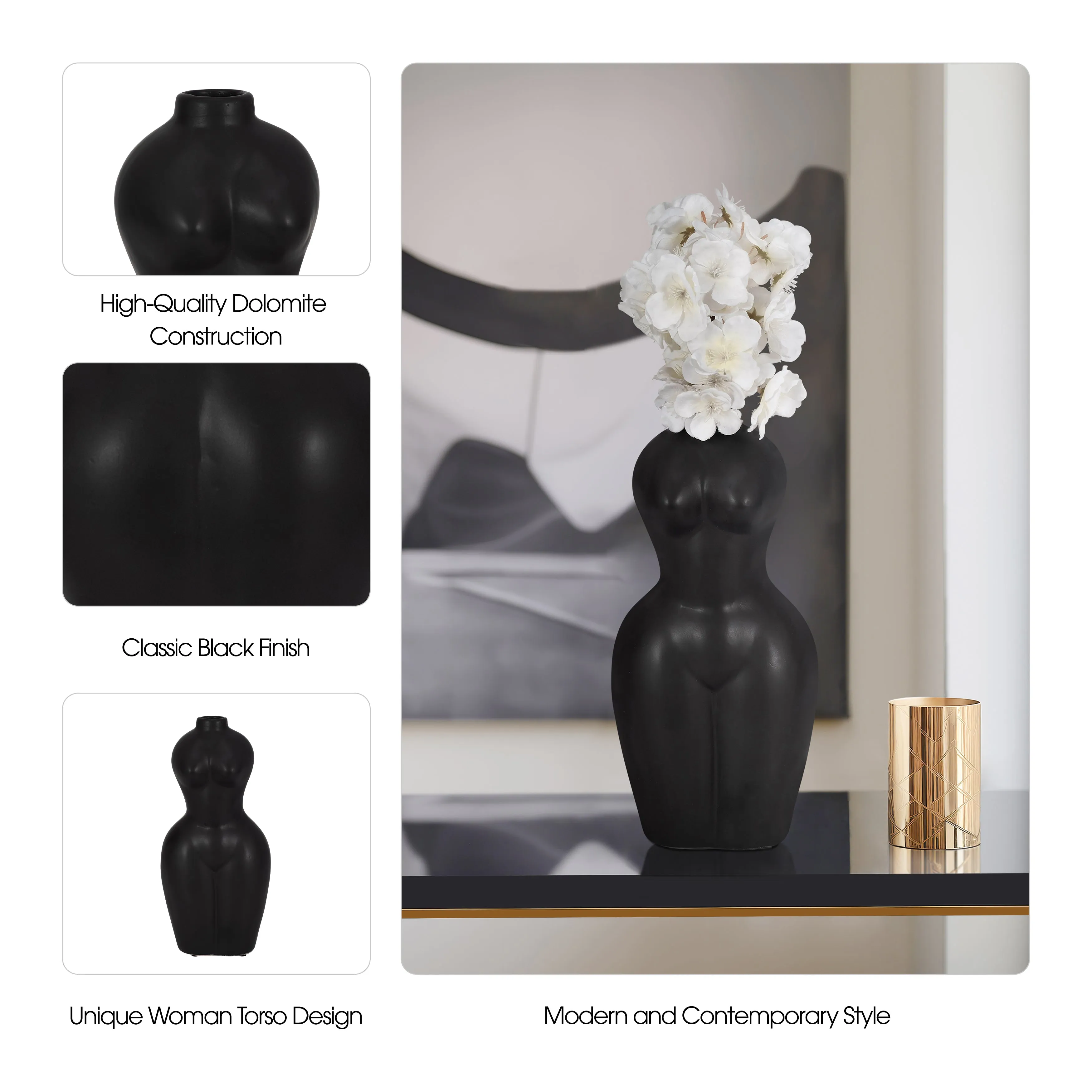 DOL, 12"H TORSO VASE, BLACK