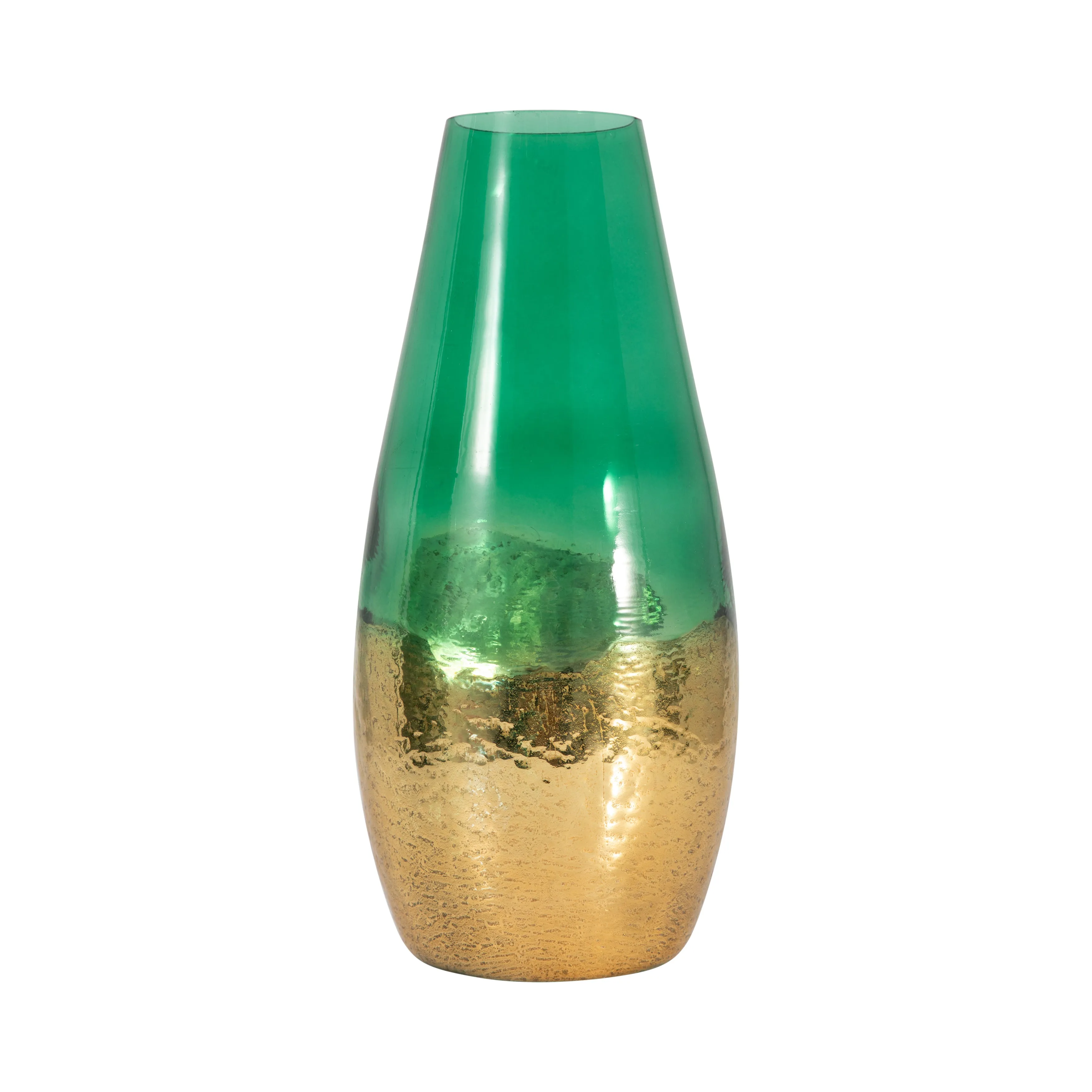 GLASS, 15" GOLD DIPPED VASE, GREEN