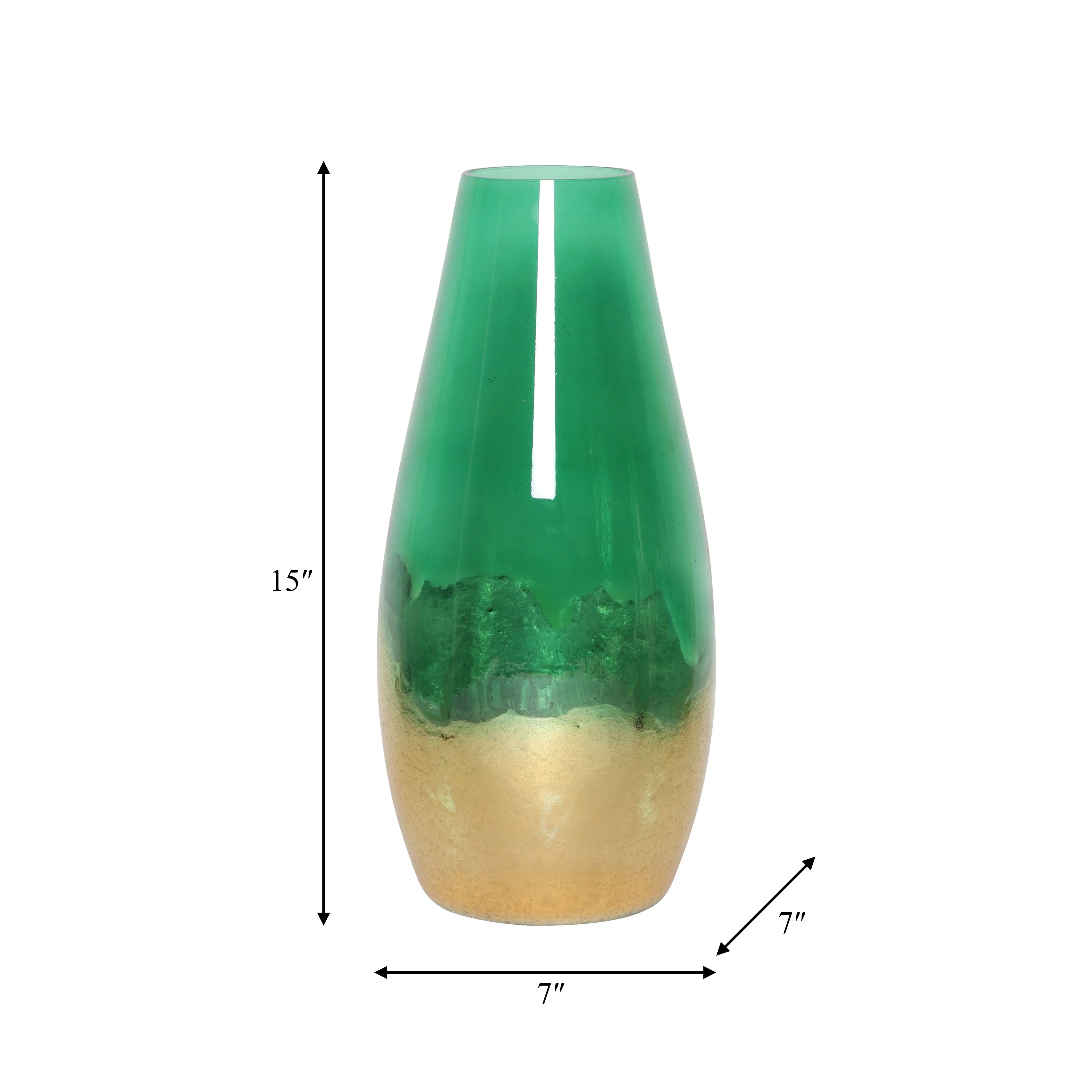 GLASS, 15" GOLD DIPPED VASE, GREEN