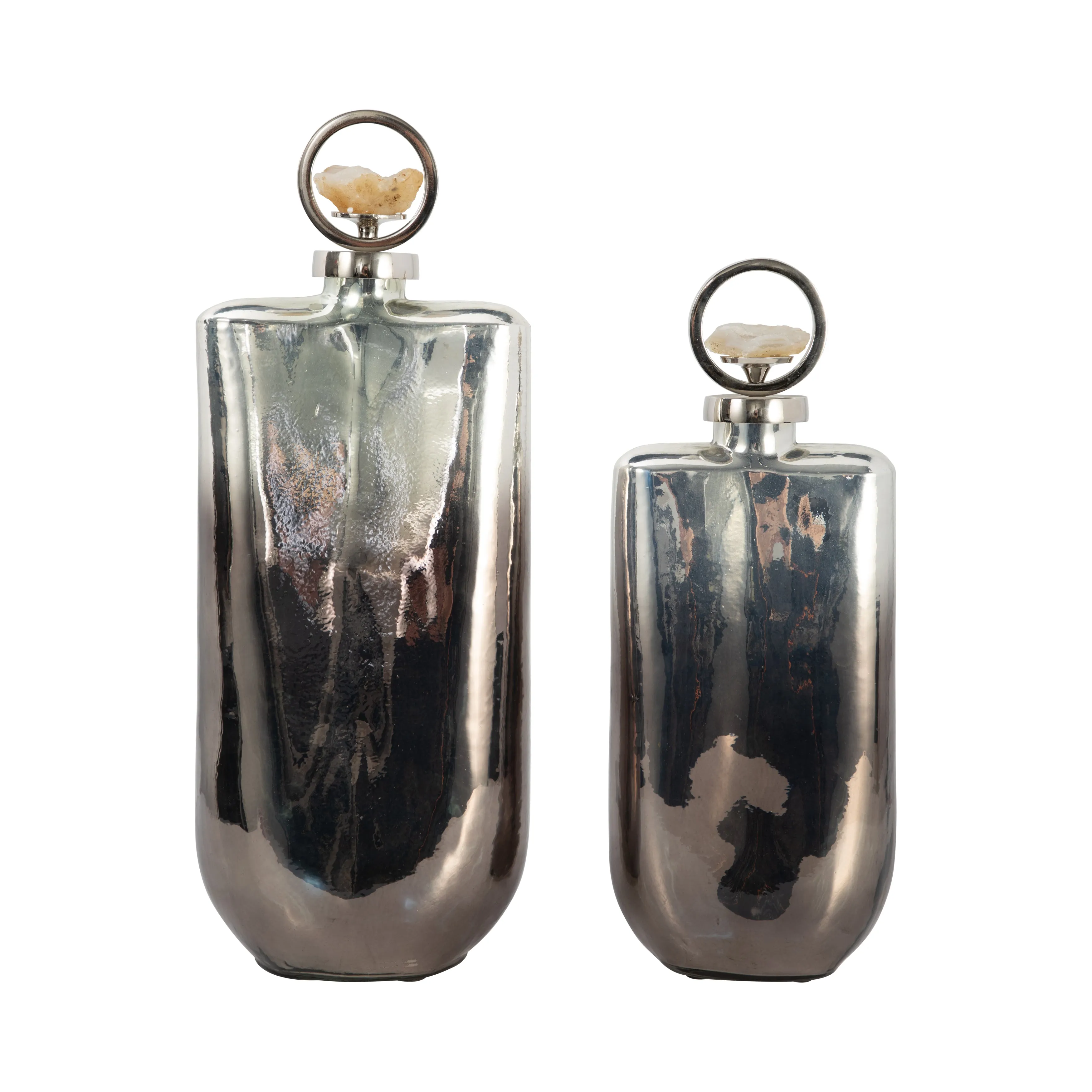 GLASS, 16" METALLIC BOTTLE W/ STONE TOP, SILVER