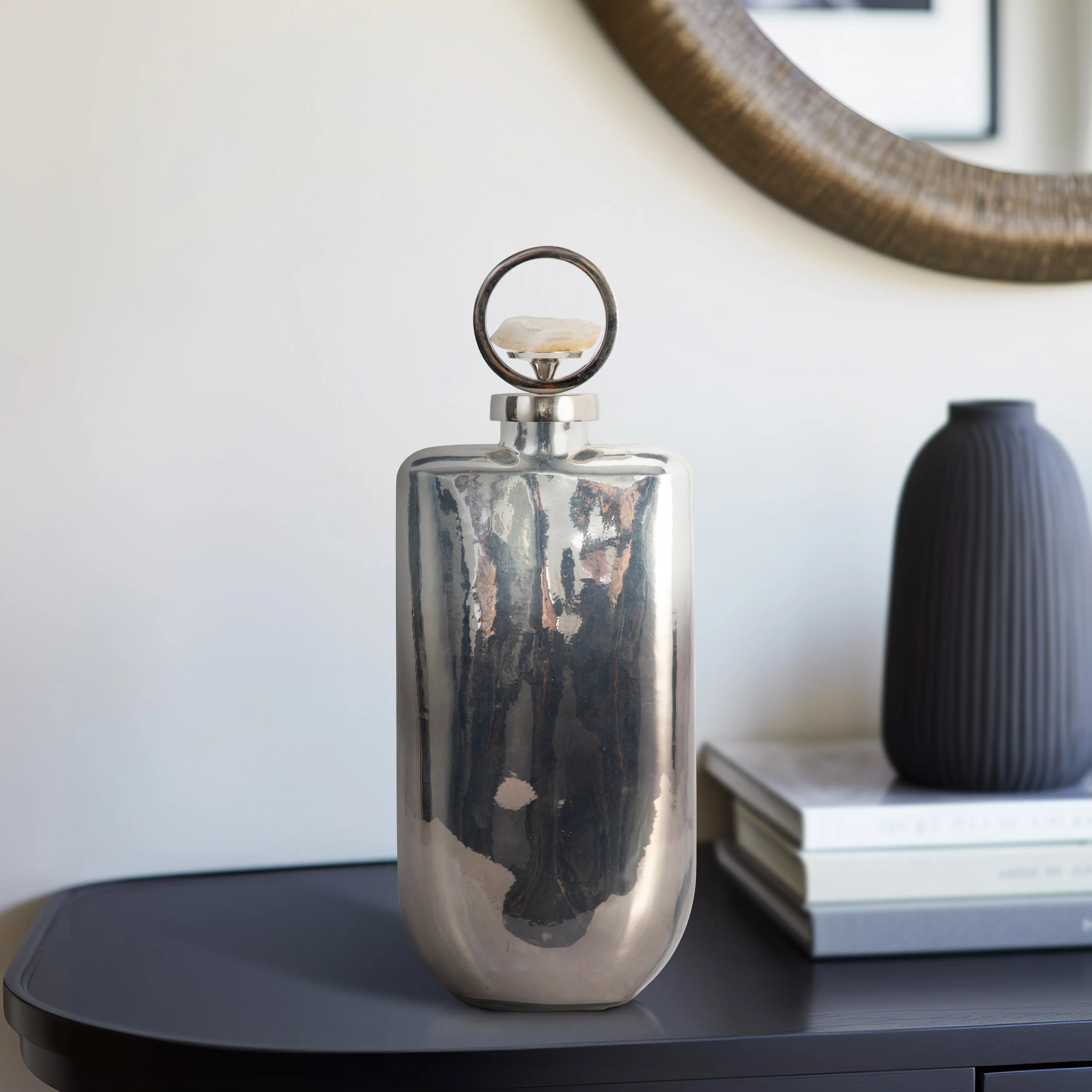 GLASS, 16" METALLIC BOTTLE W/ STONE TOP, SILVER