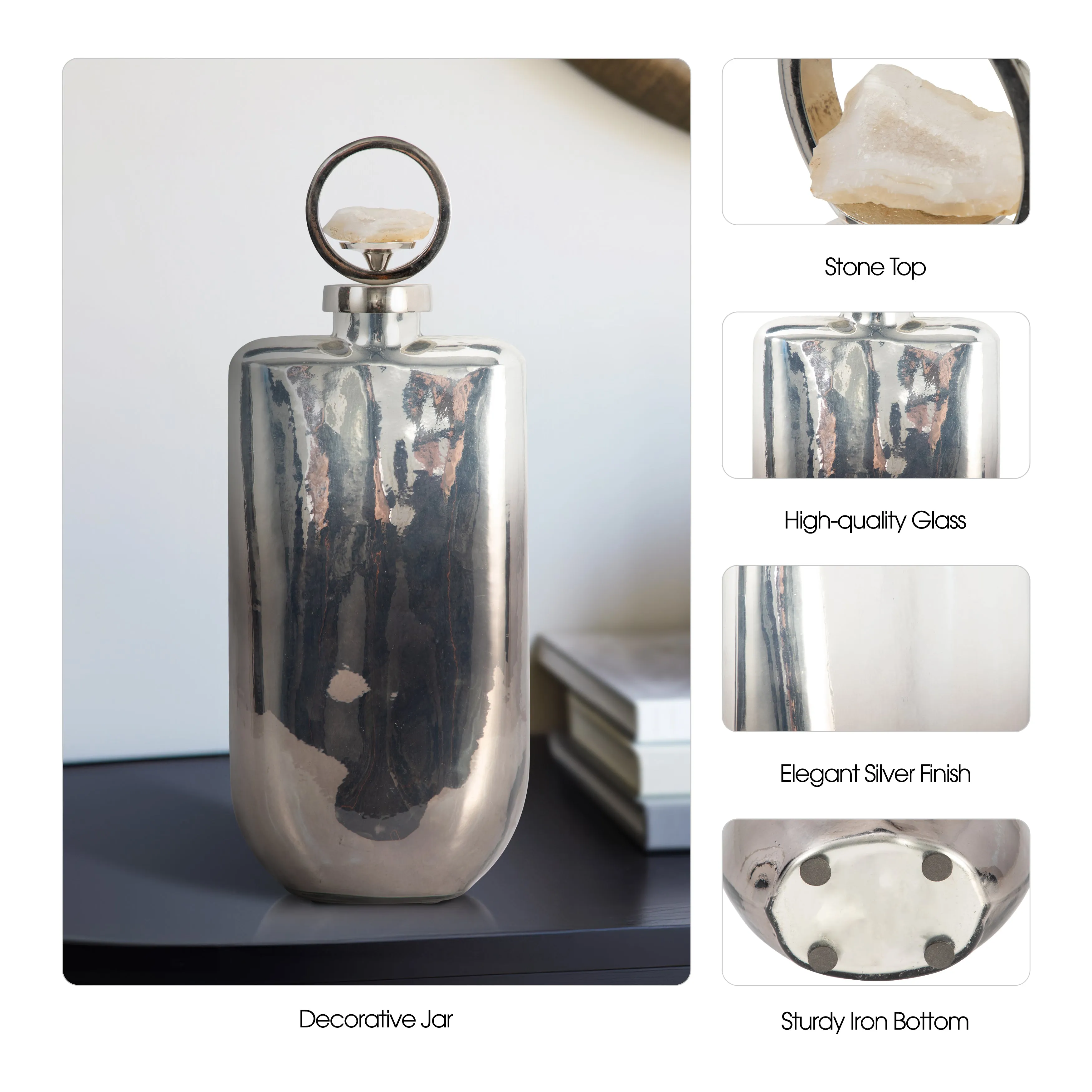 GLASS, 16" METALLIC BOTTLE W/ STONE TOP, SILVER