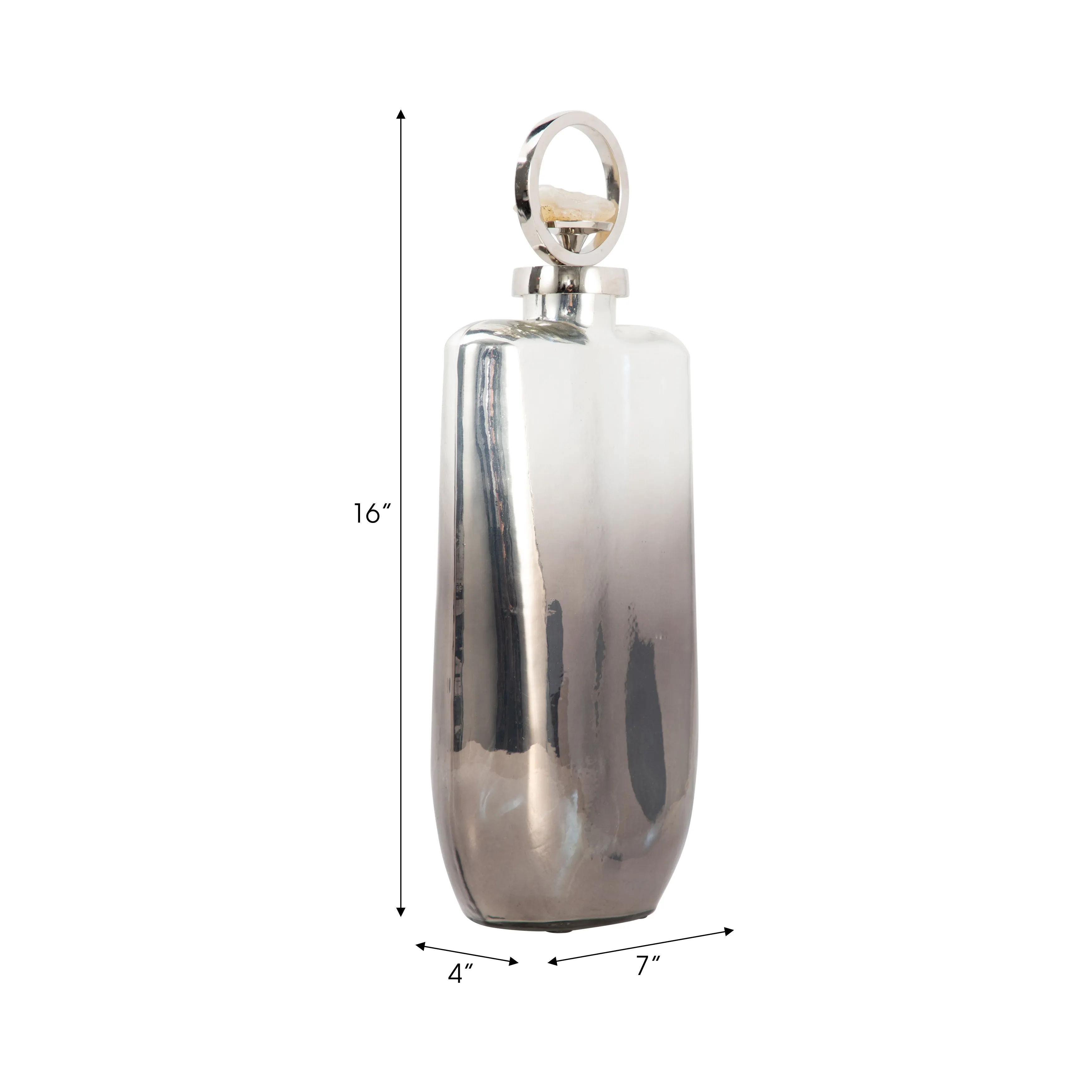 GLASS, 16" METALLIC BOTTLE W/ STONE TOP, SILVER