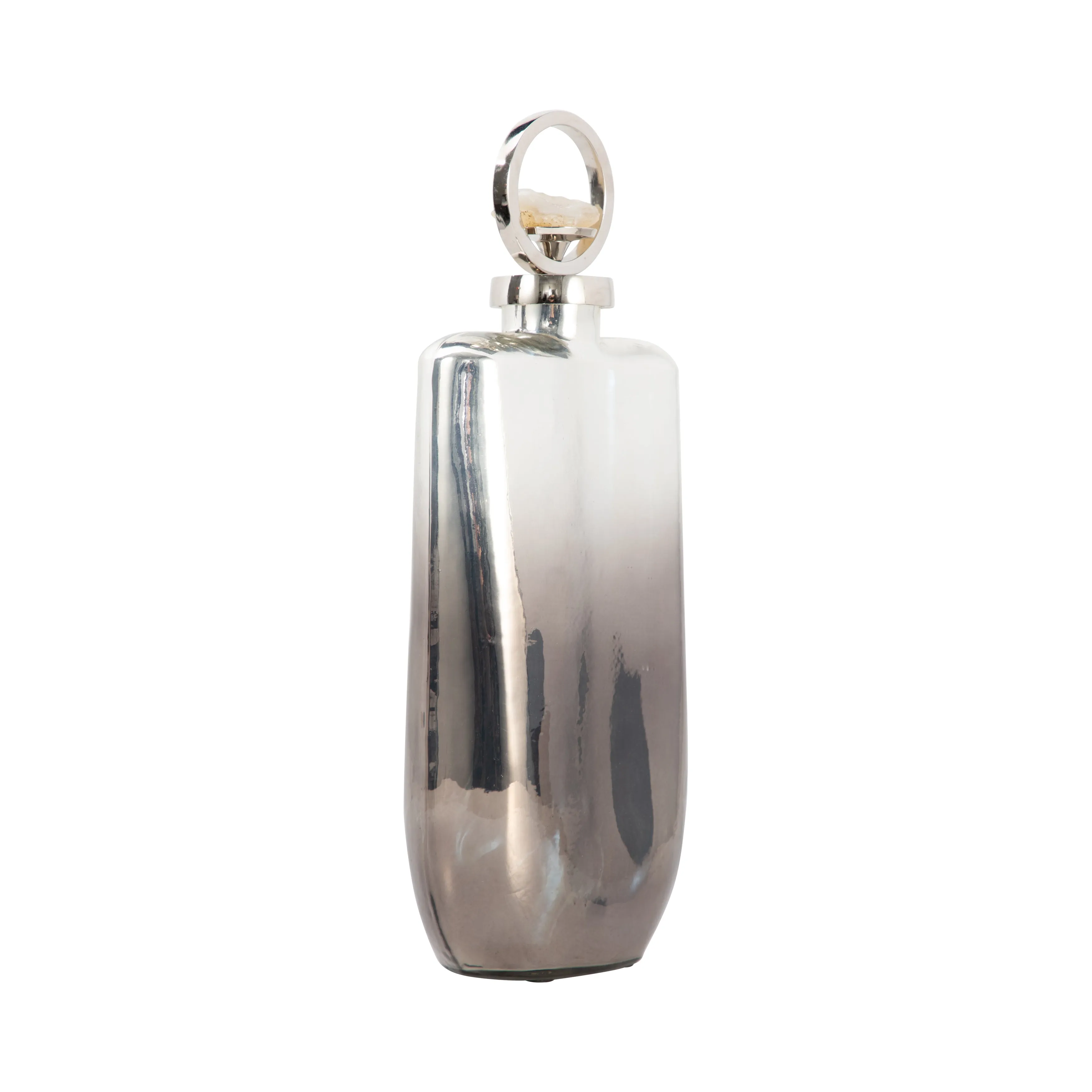 GLASS, 16" METALLIC BOTTLE W/ STONE TOP, SILVER