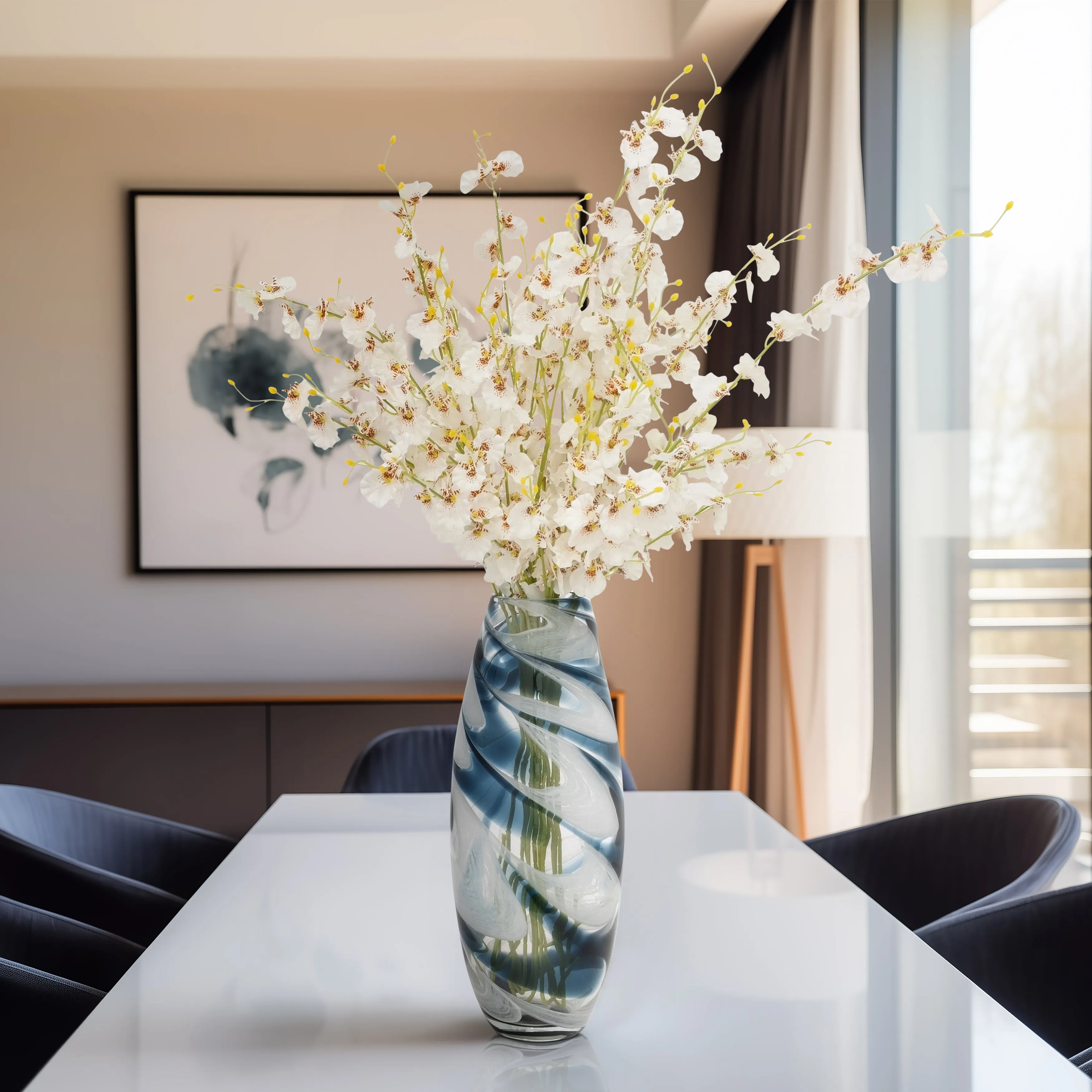 GLASS, 17" SWIRL VASE, BLUE