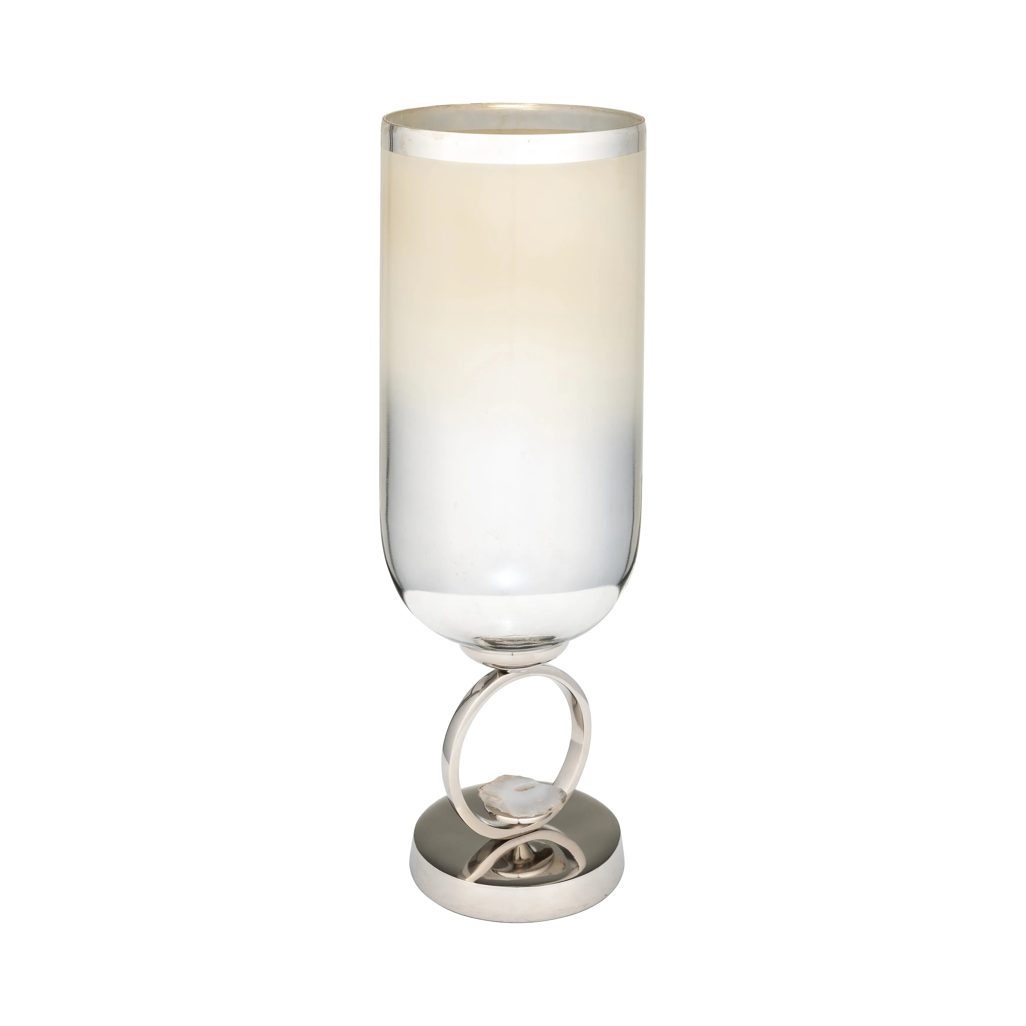 GLASS, 17" VASE W/ METAL BASE STONE ACCENT, PEARL