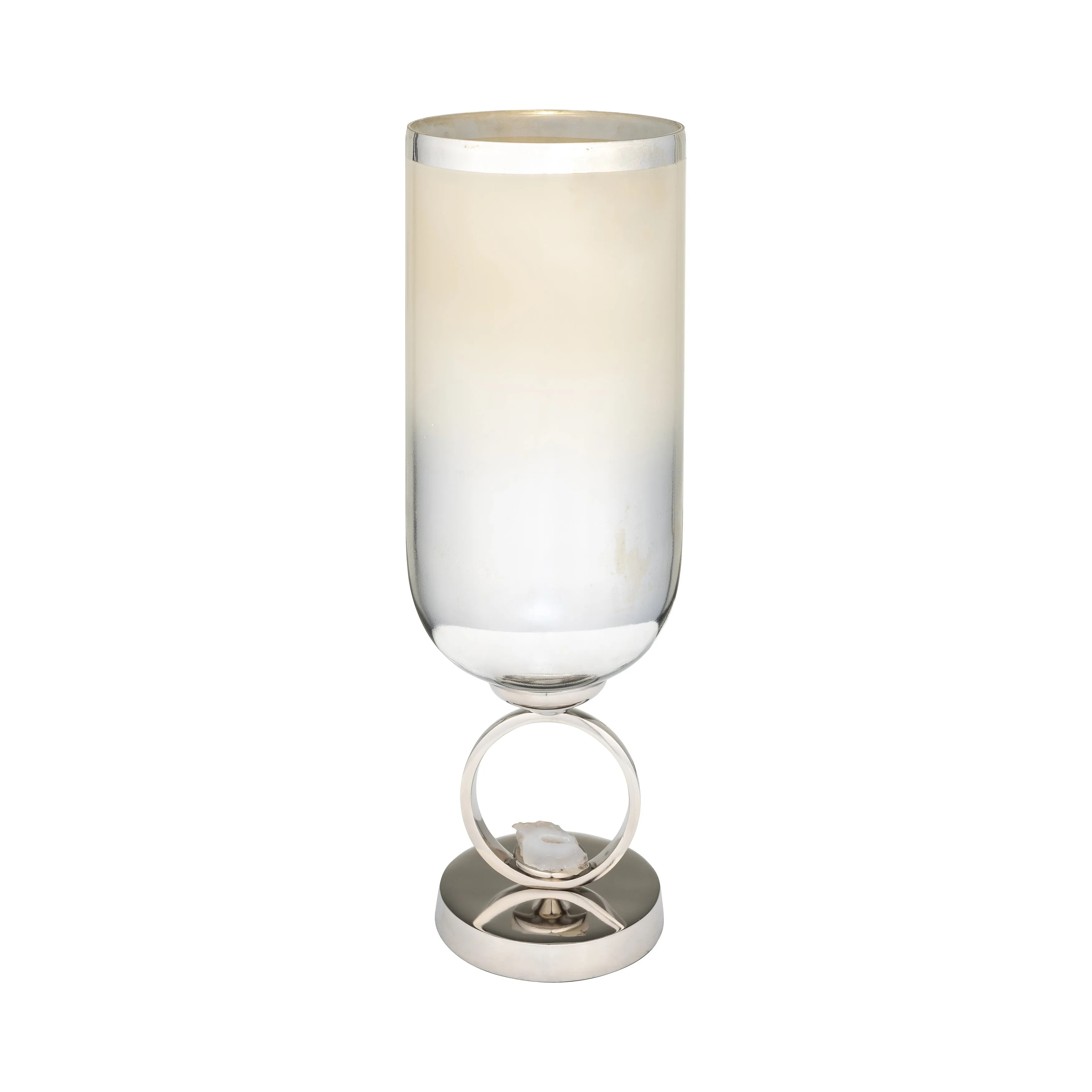 GLASS, 17" VASE W/ METAL BASE STONE ACCENT, PEARL