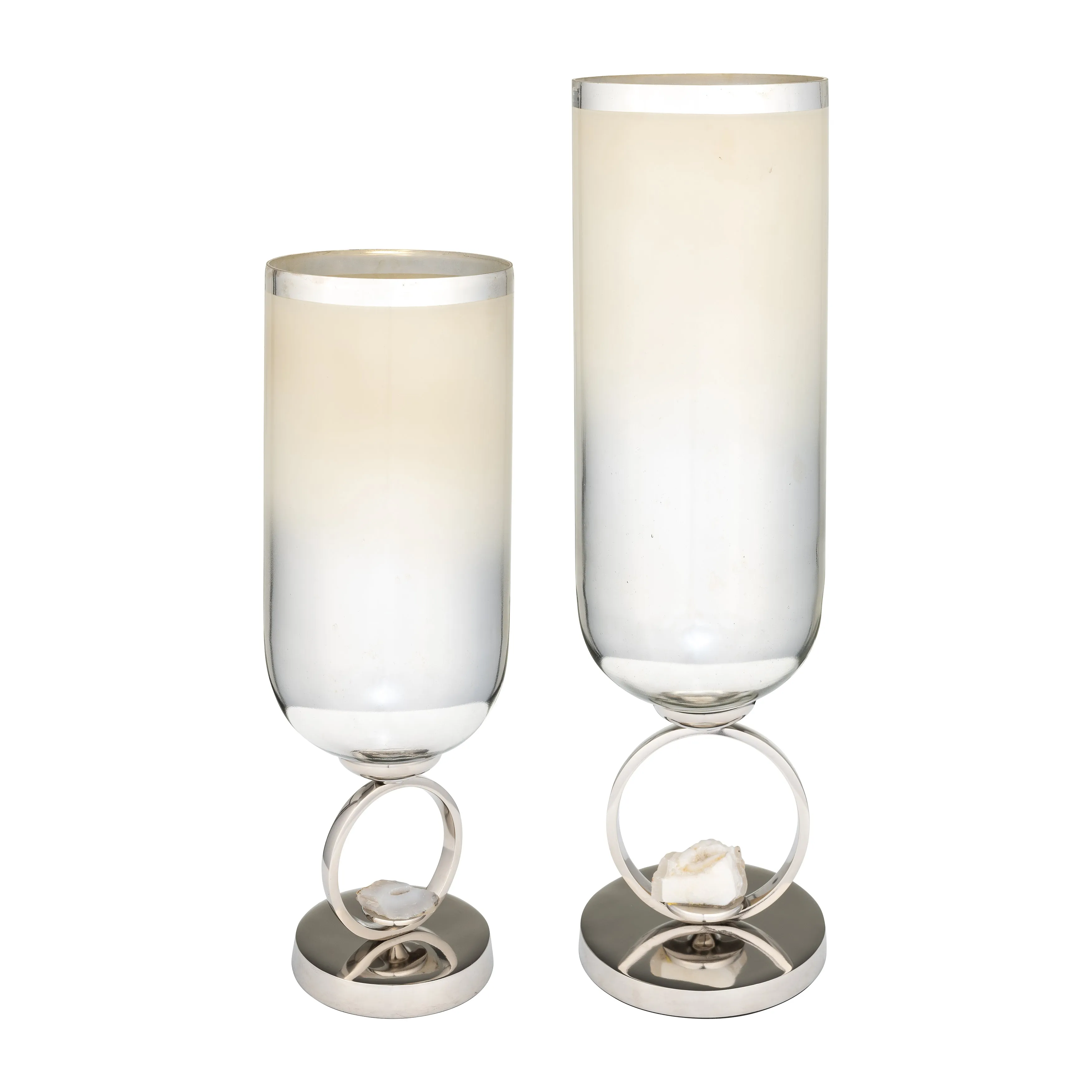 GLASS, 17" VASE W/ METAL BASE STONE ACCENT, PEARL