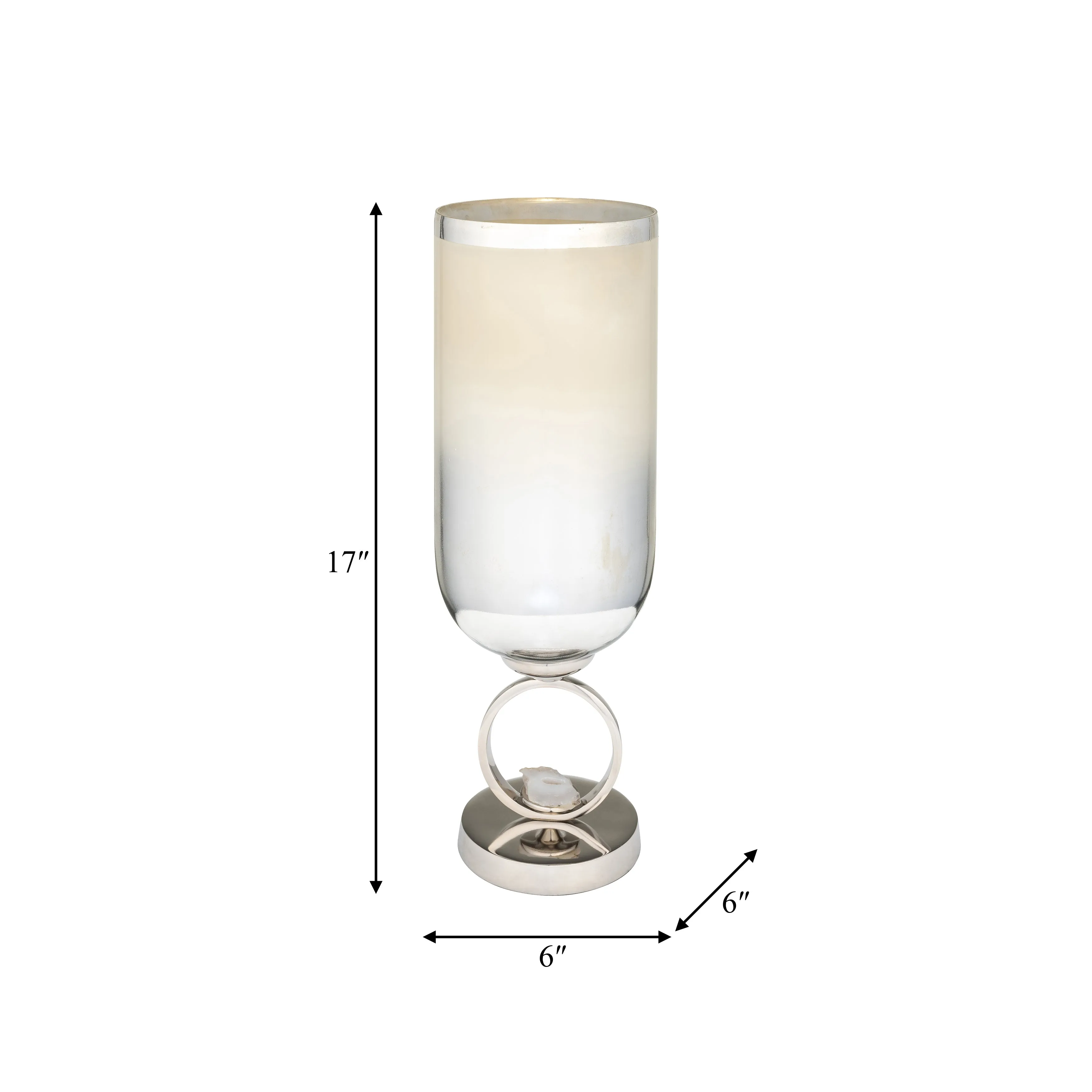 GLASS, 17" VASE W/ METAL BASE STONE ACCENT, PEARL
