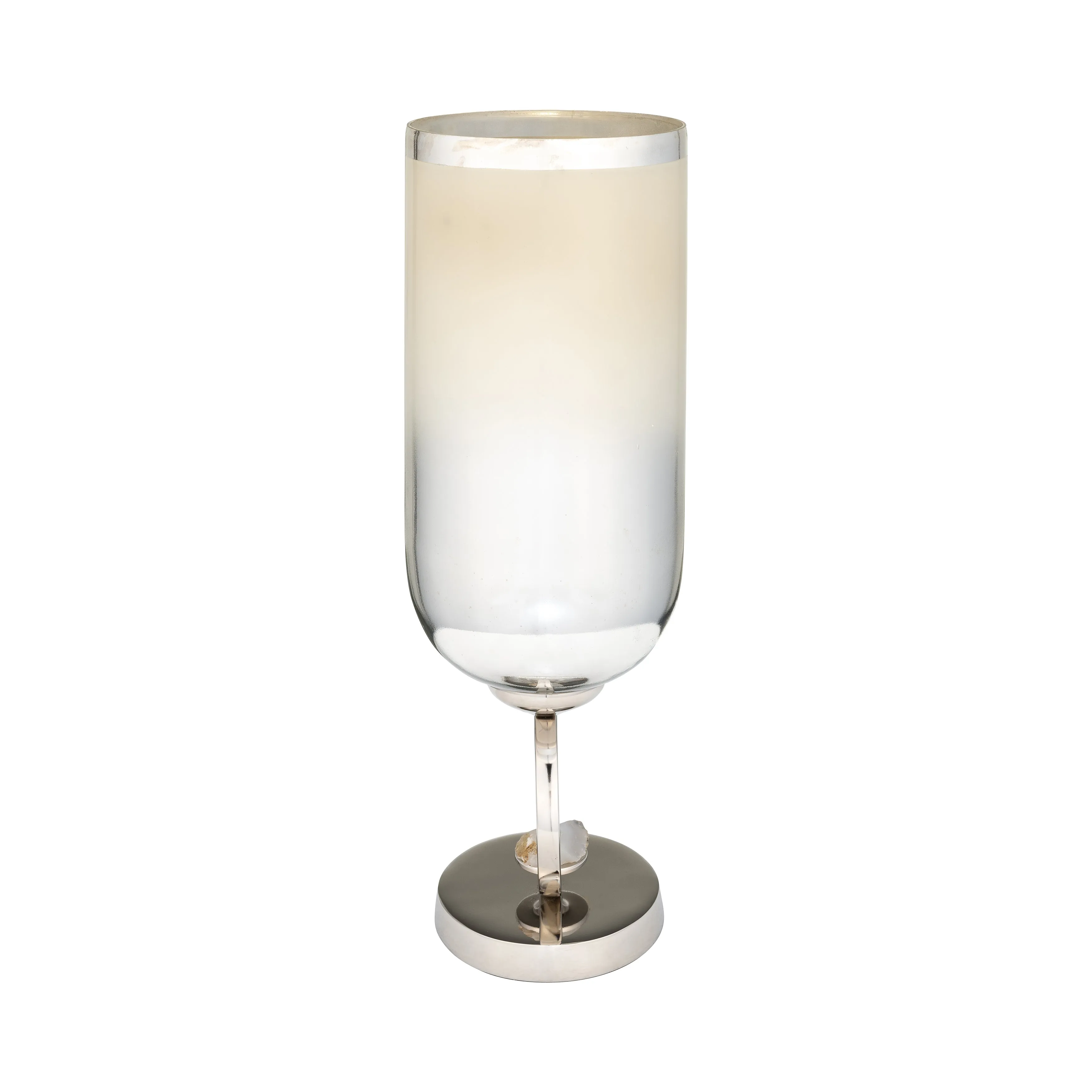 GLASS, 17" VASE W/ METAL BASE STONE ACCENT, PEARL