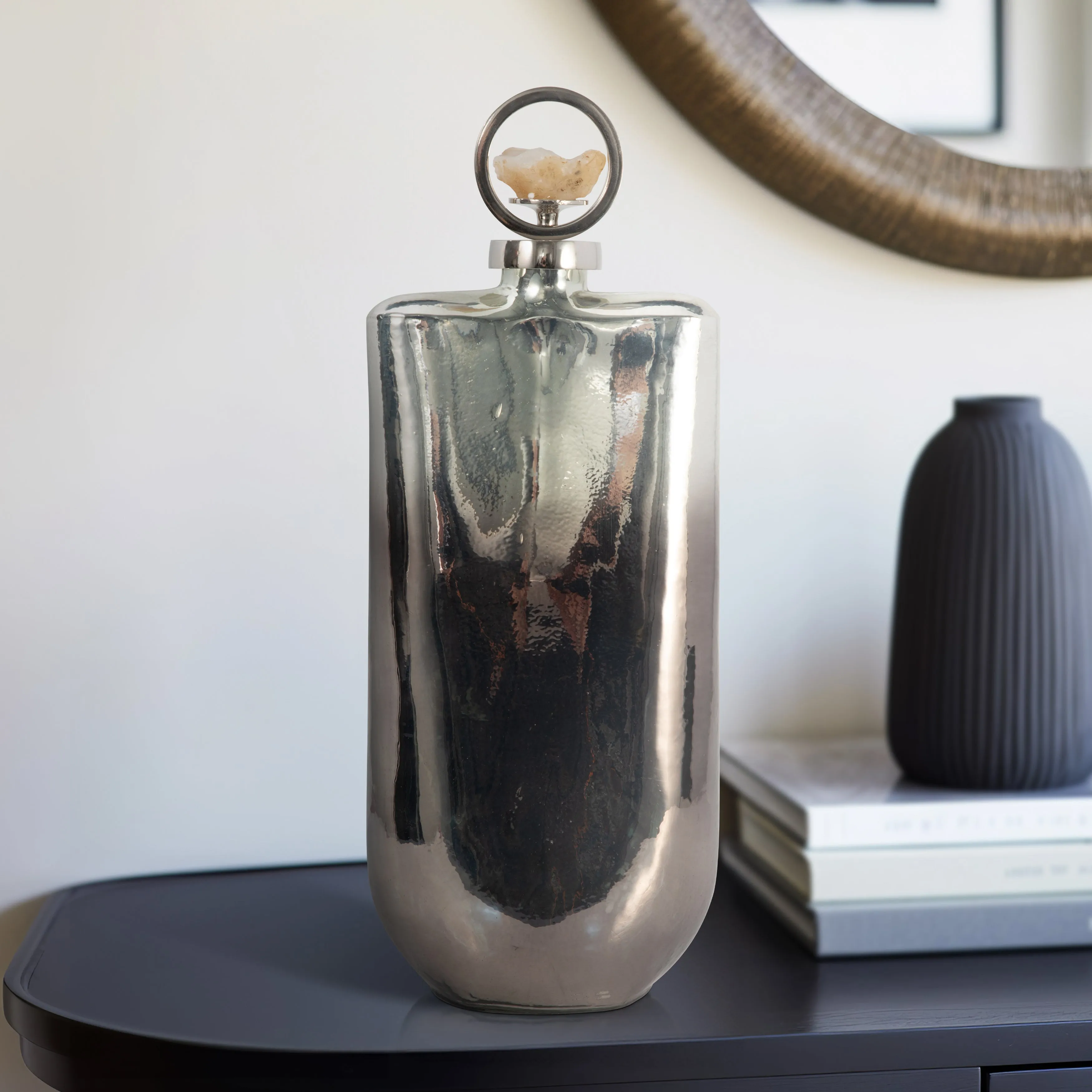 GLASS, 19" METALLIC BOTTLE W/ STONE TOP, SILVER