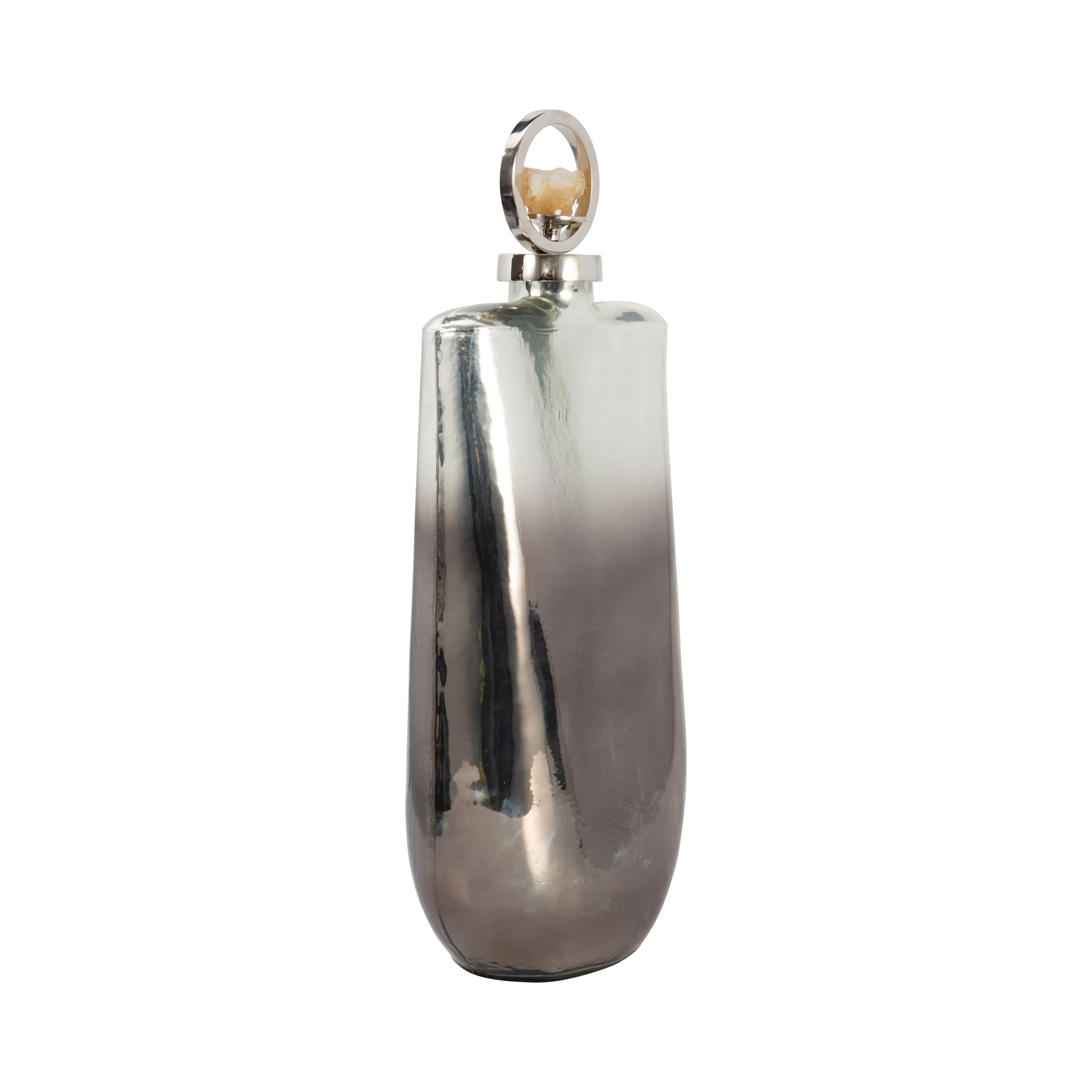 GLASS, 19" METALLIC BOTTLE W/ STONE TOP, SILVER
