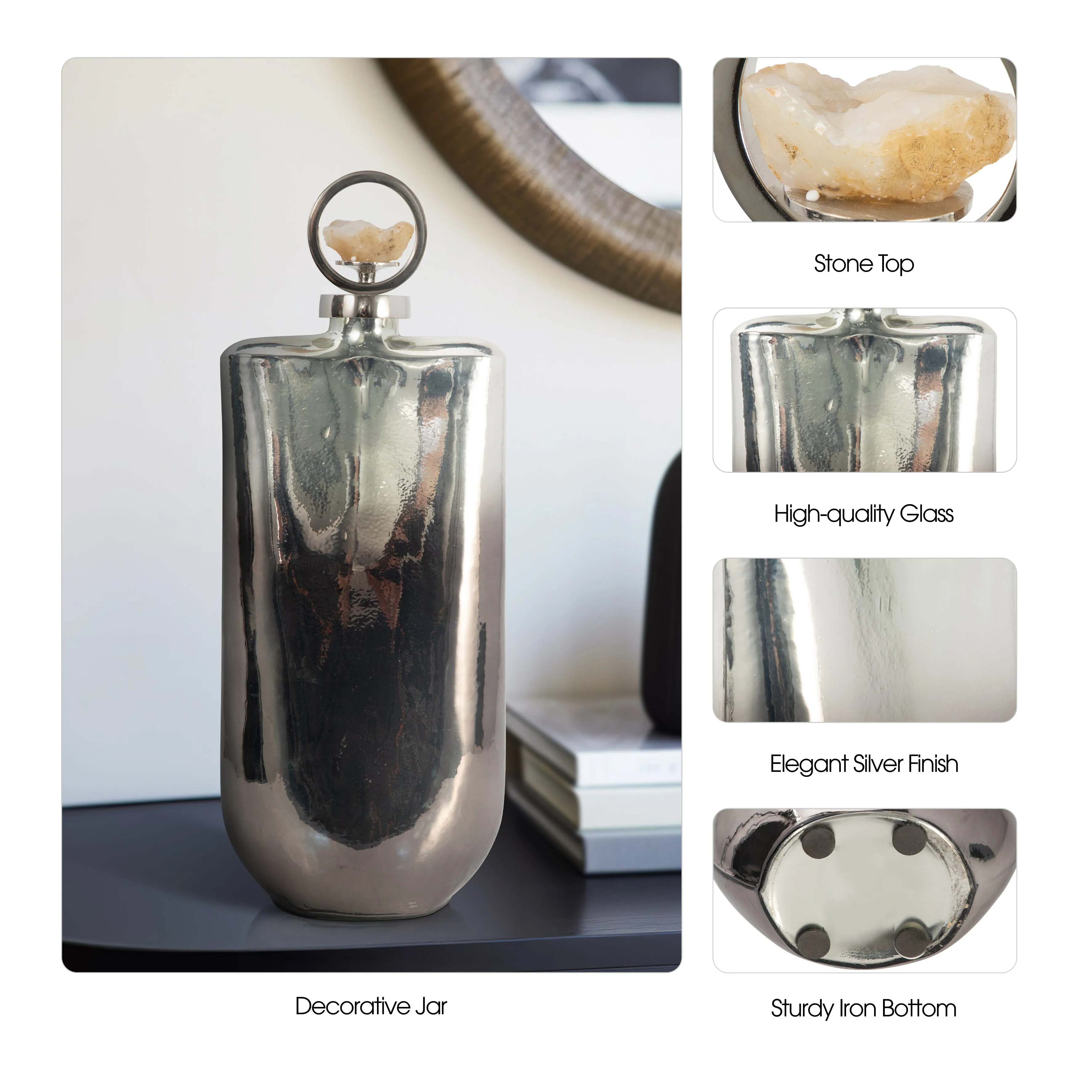 GLASS, 19" METALLIC BOTTLE W/ STONE TOP, SILVER