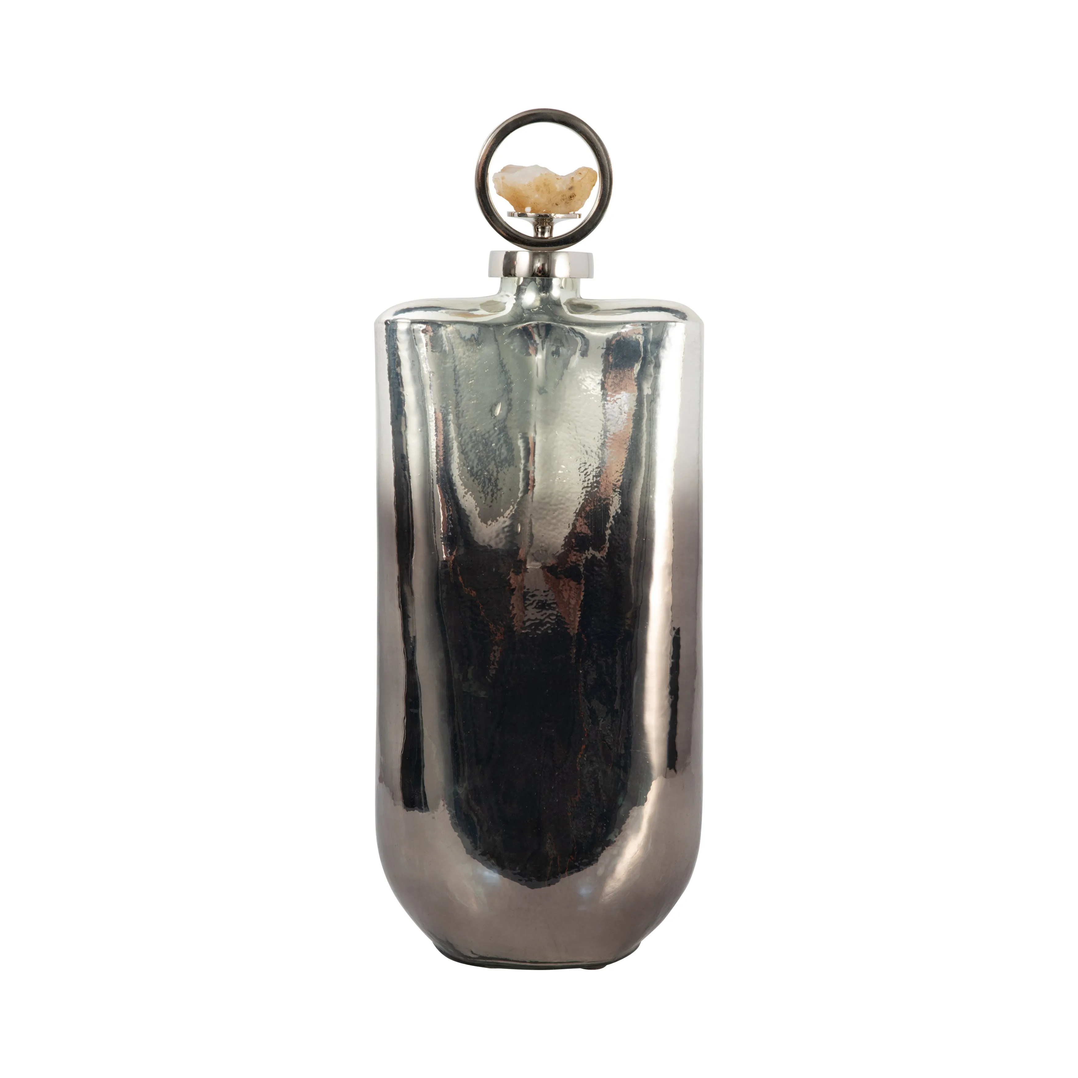 GLASS, 19" METALLIC BOTTLE W/ STONE TOP, SILVER