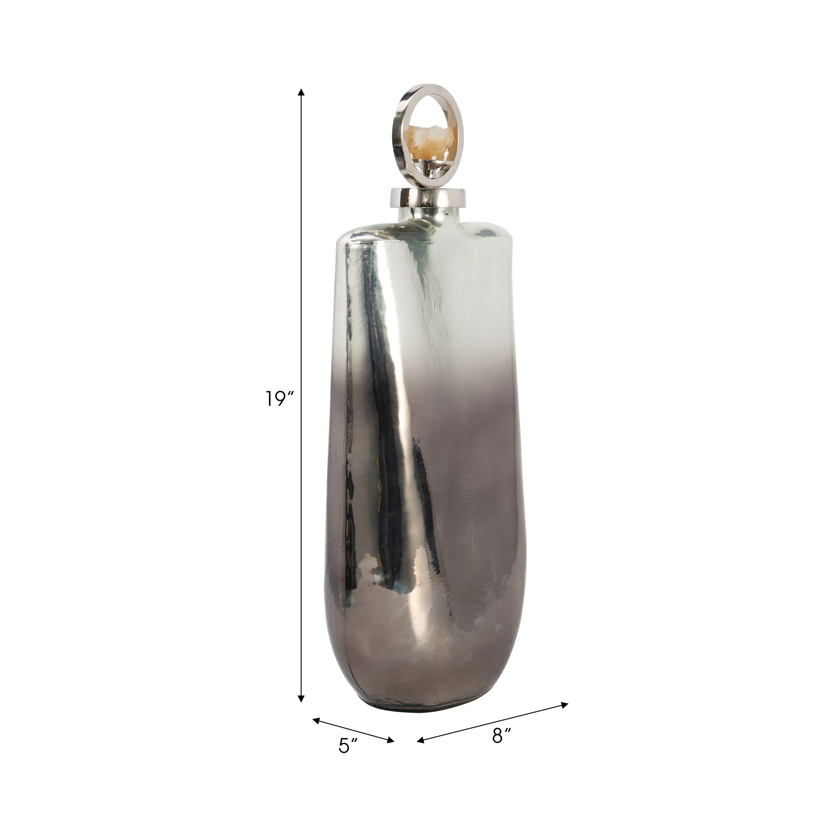 GLASS, 19" METALLIC BOTTLE W/ STONE TOP, SILVER