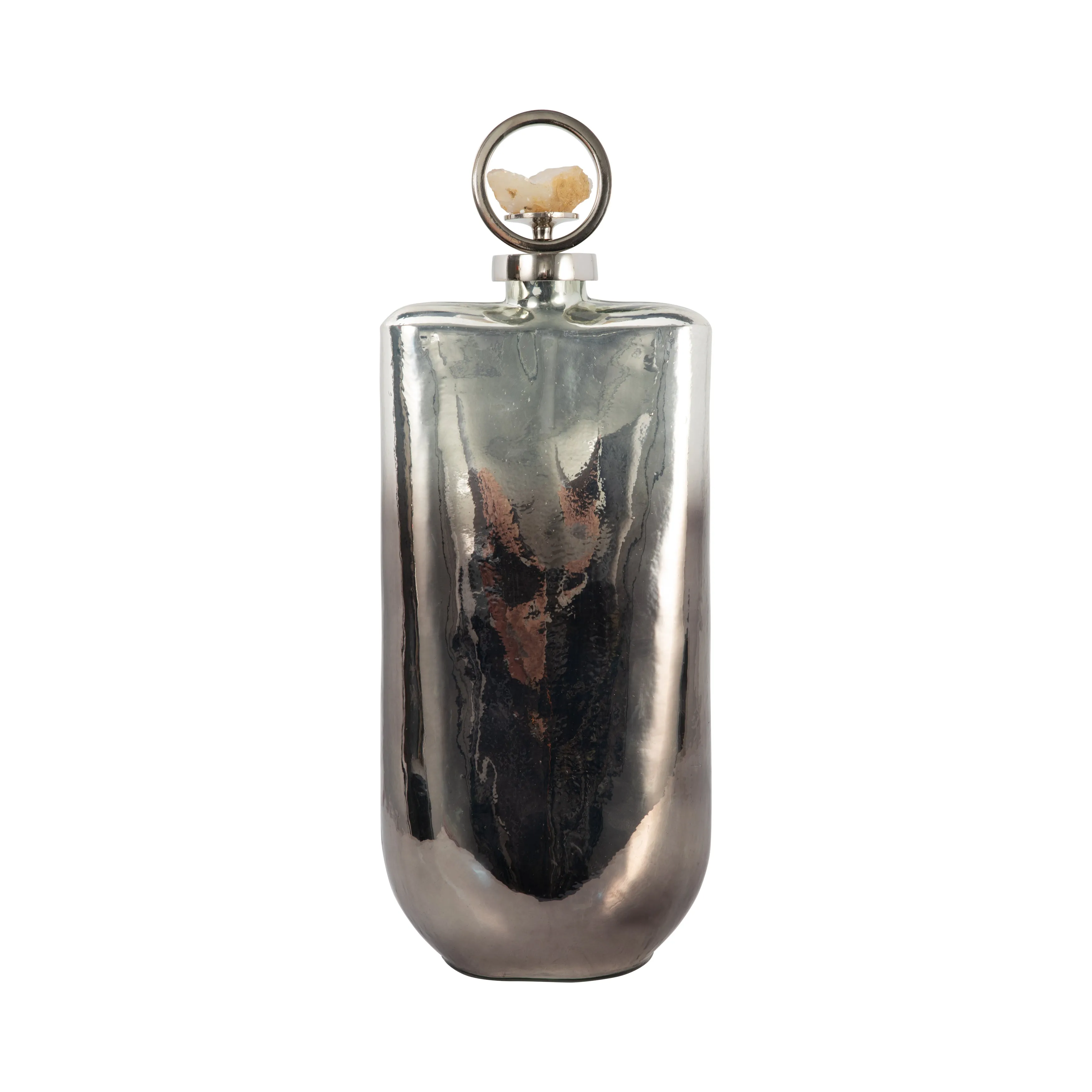 GLASS, 19" METALLIC BOTTLE W/ STONE TOP, SILVER