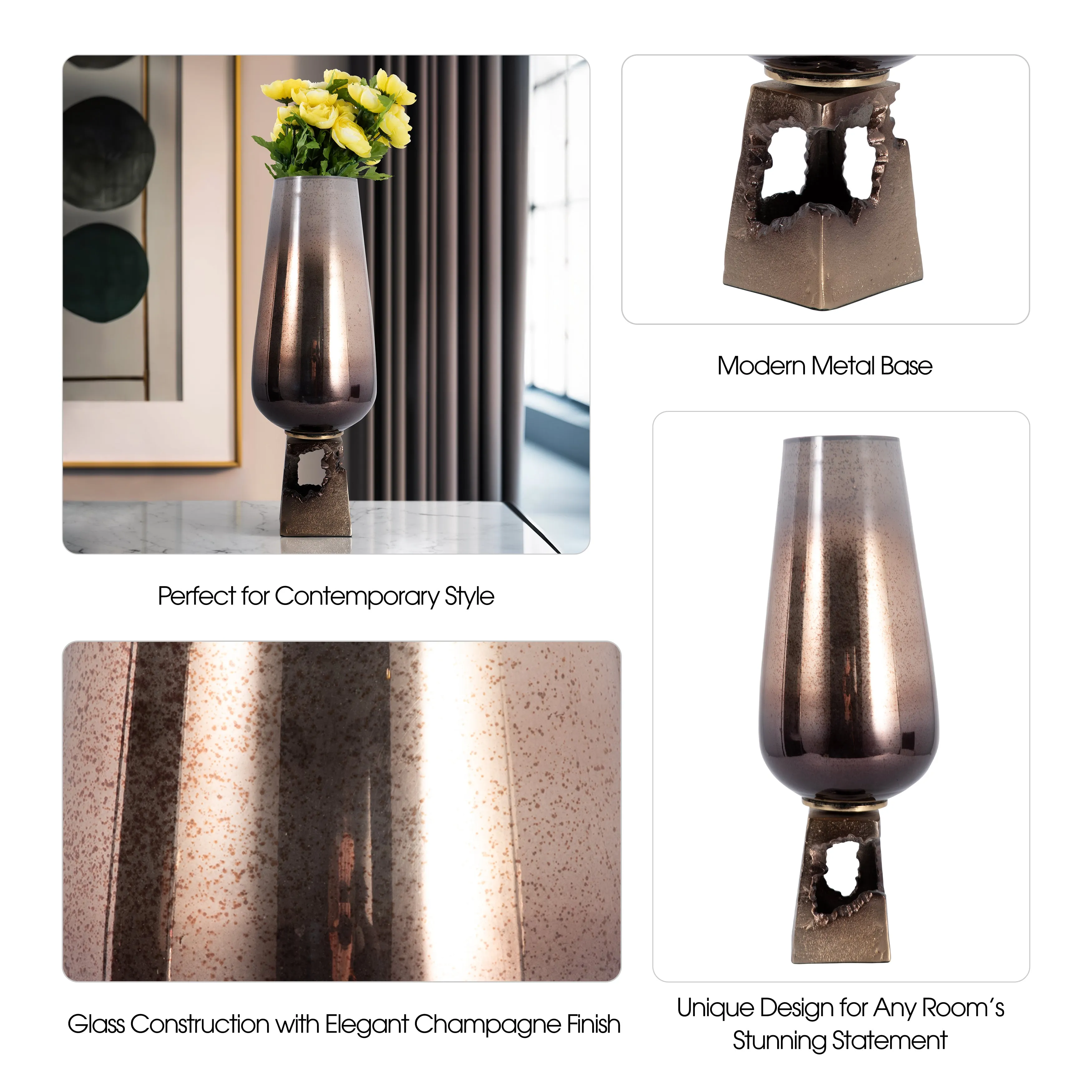 GLASS, 19"H VASE W/ METAL BASE, CHAMPAGNE