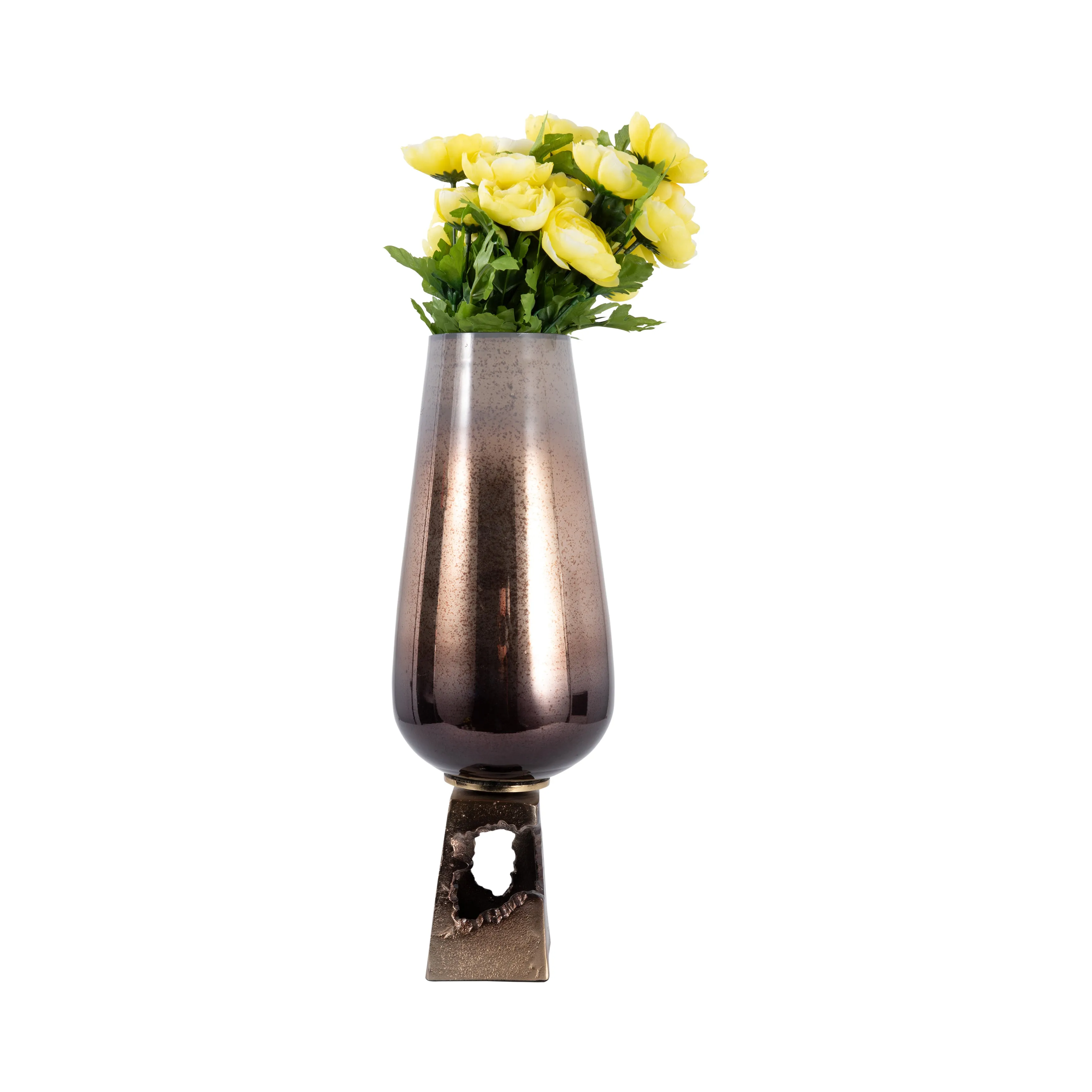 GLASS, 19"H VASE W/ METAL BASE, CHAMPAGNE