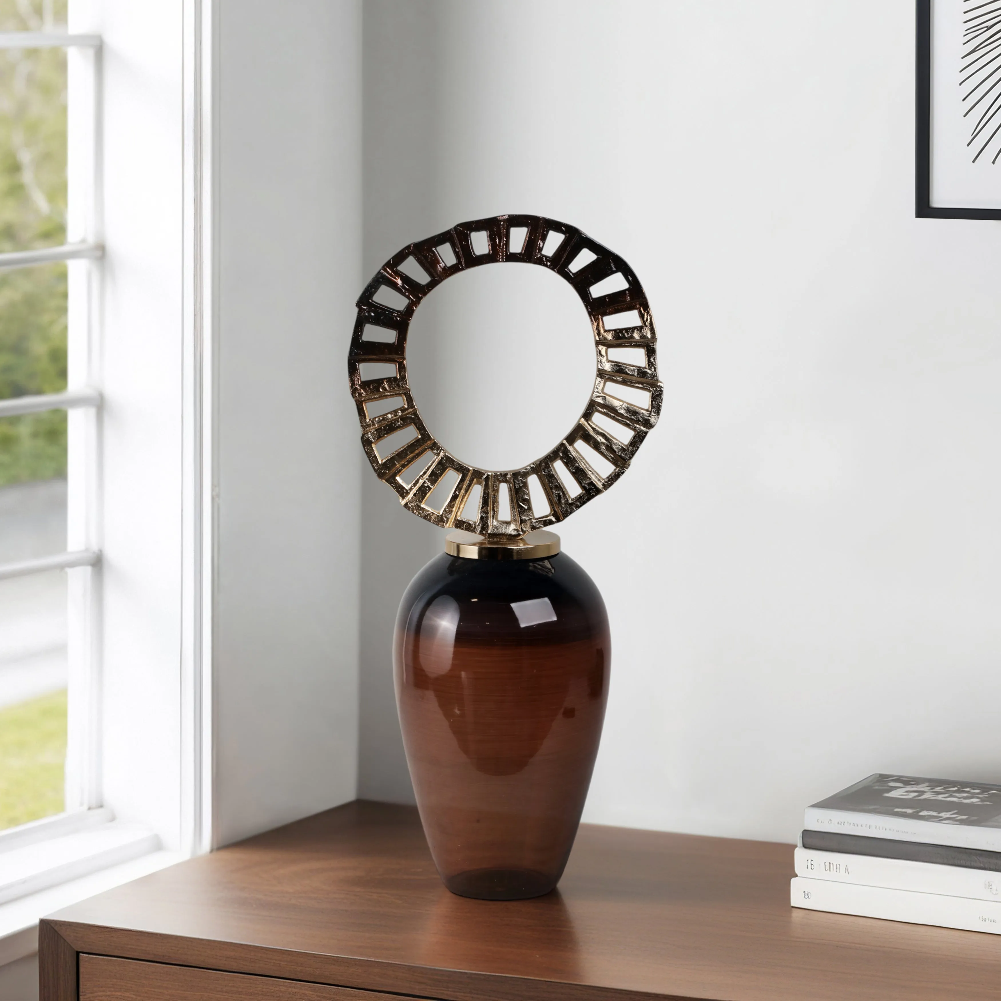 GLASS, 31" VASE WITH CROWN TOP, BROWN
