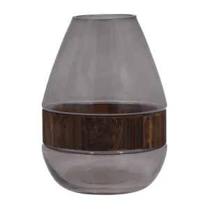 GLASS, 8" BELLY VASE W/ WOOD BAND, CLEAR