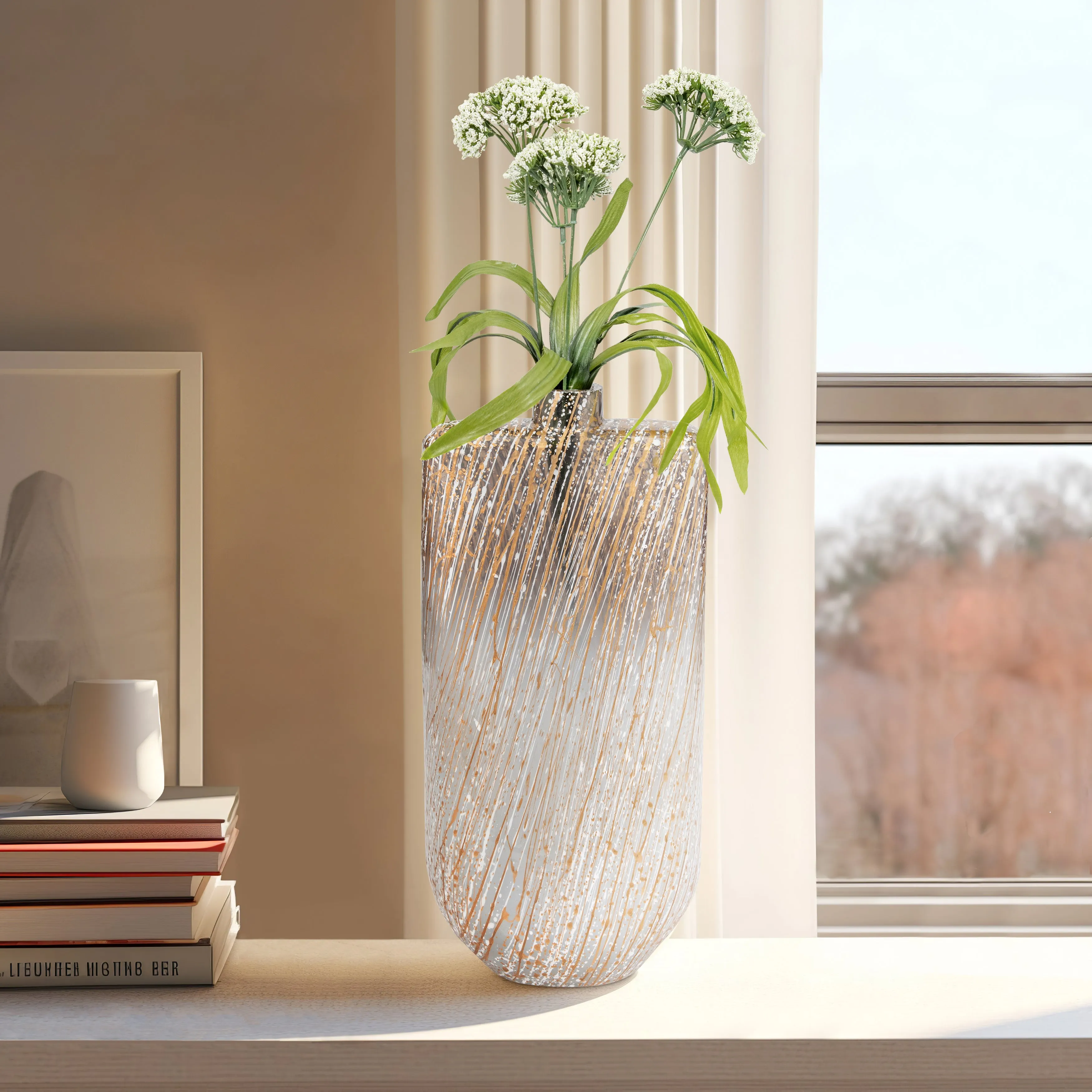 GLASS,16",STRIPED STAINED VASE,MULTI