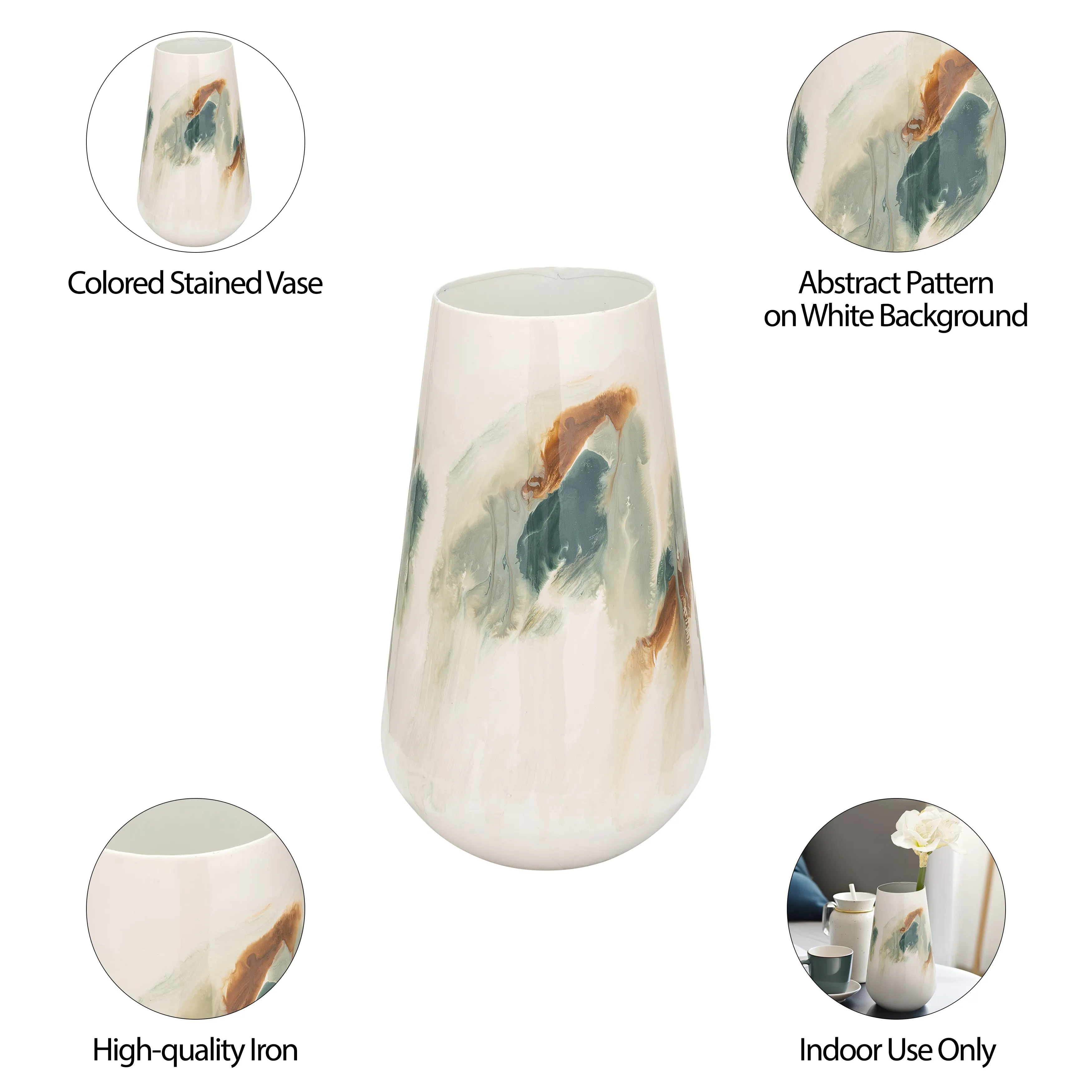 IRON,13"H,COLORED STAINED VASE,WHITE