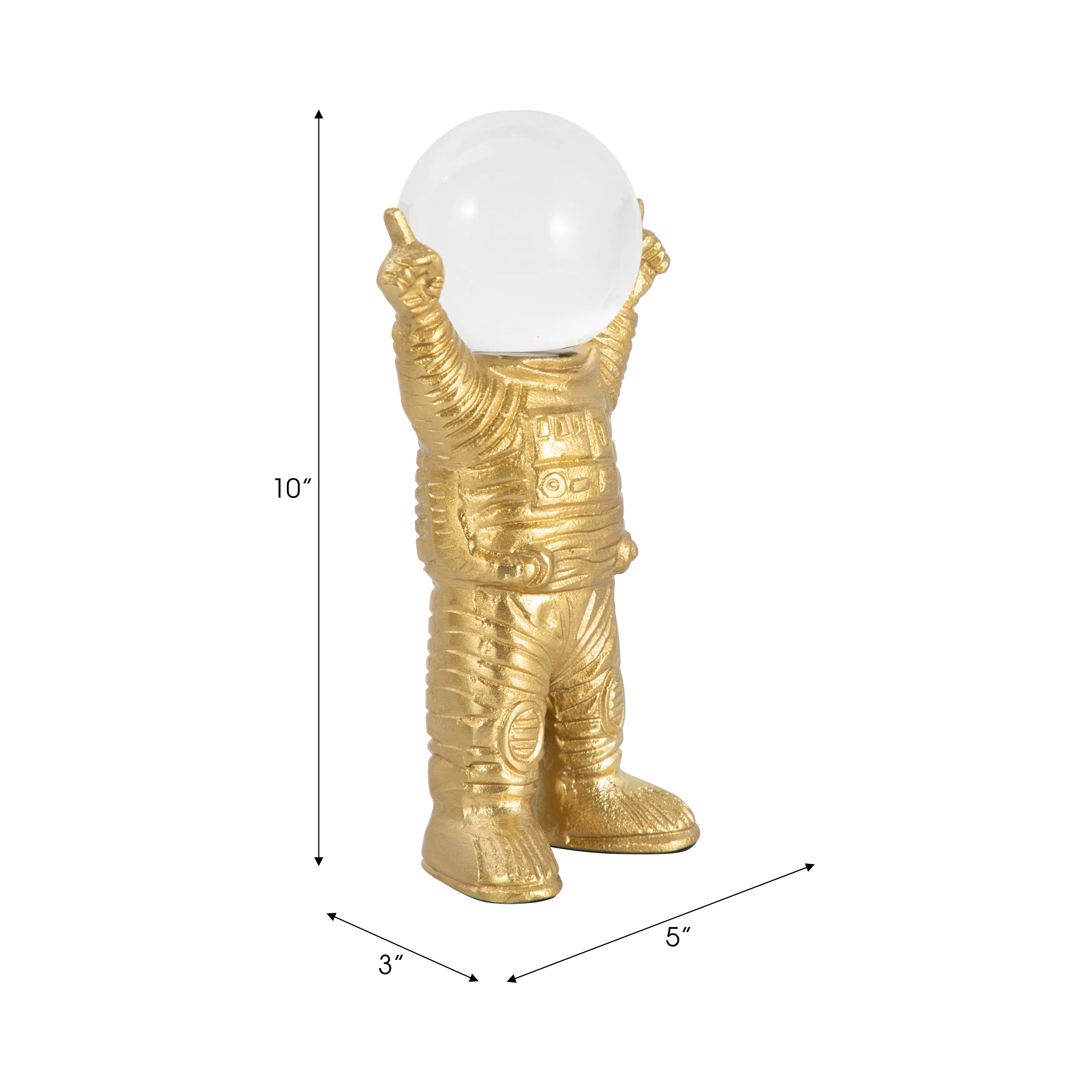 METAL, 10" ASTRONAUT W CRYSTAL ORB HEAD, GOLD/CLEA