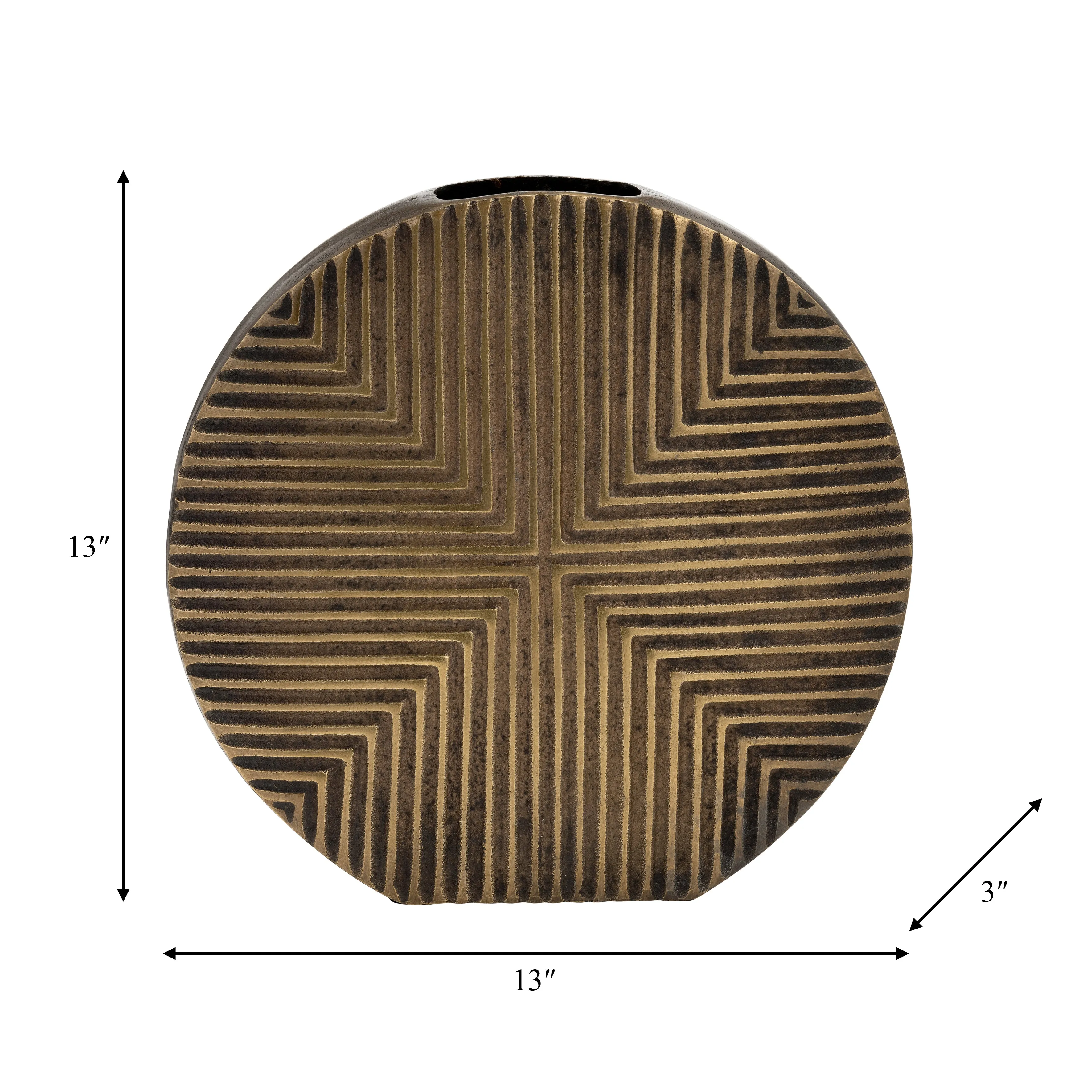 METAL, 13"H ROUND RIBBED VASE, BRASS ANTIQUE