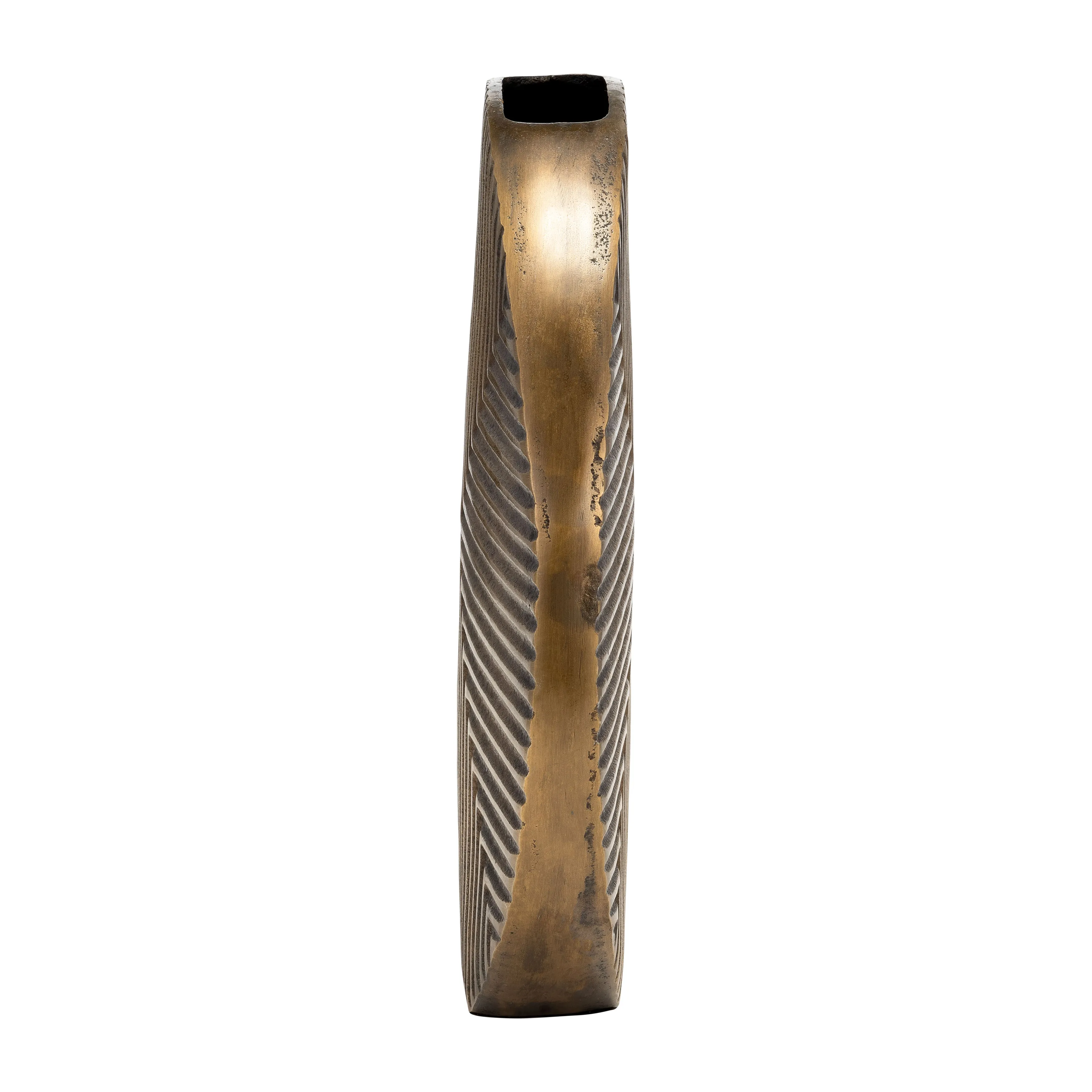 METAL, 13"H ROUND RIBBED VASE, BRASS ANTIQUE