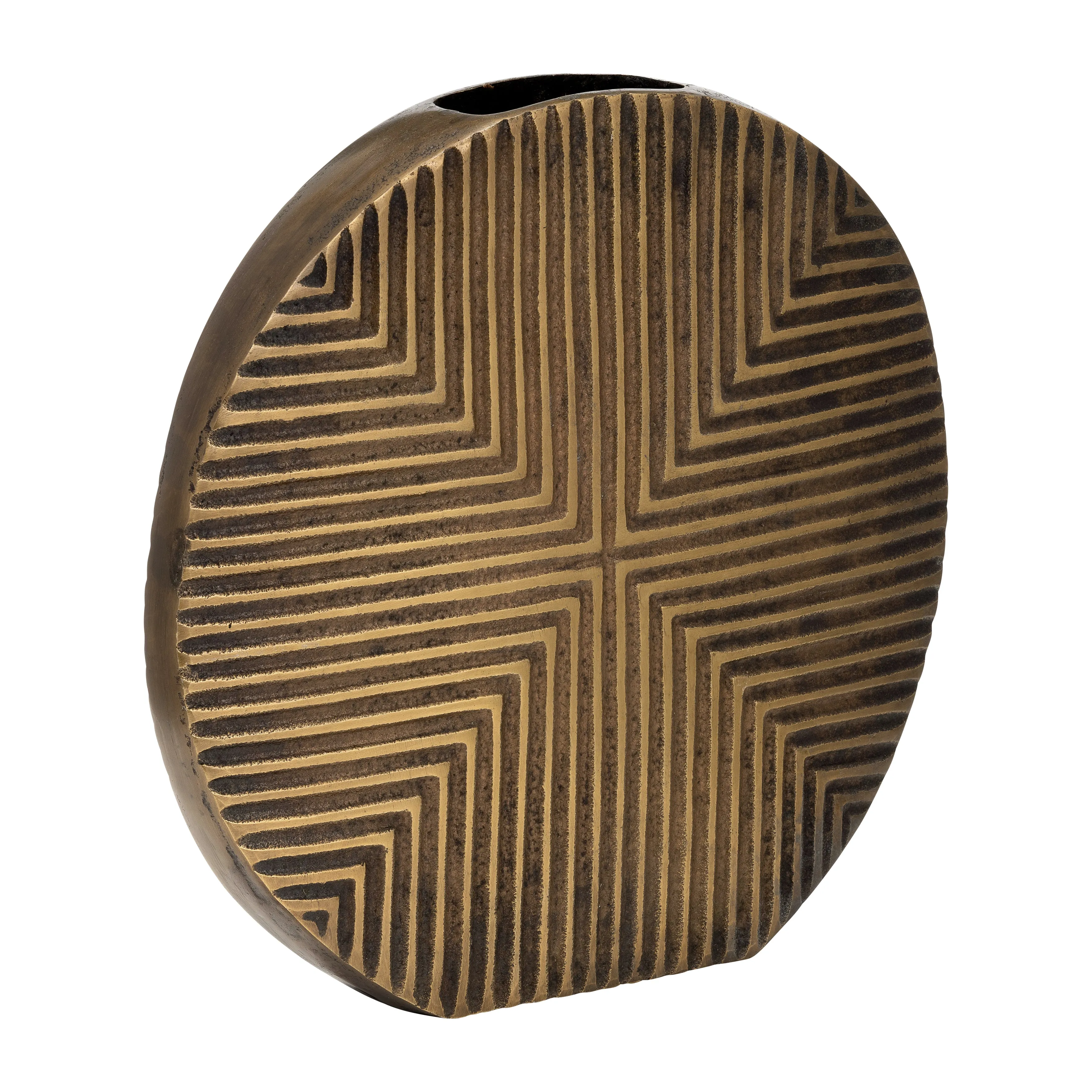 METAL, 13"H ROUND RIBBED VASE, BRASS ANTIQUE
