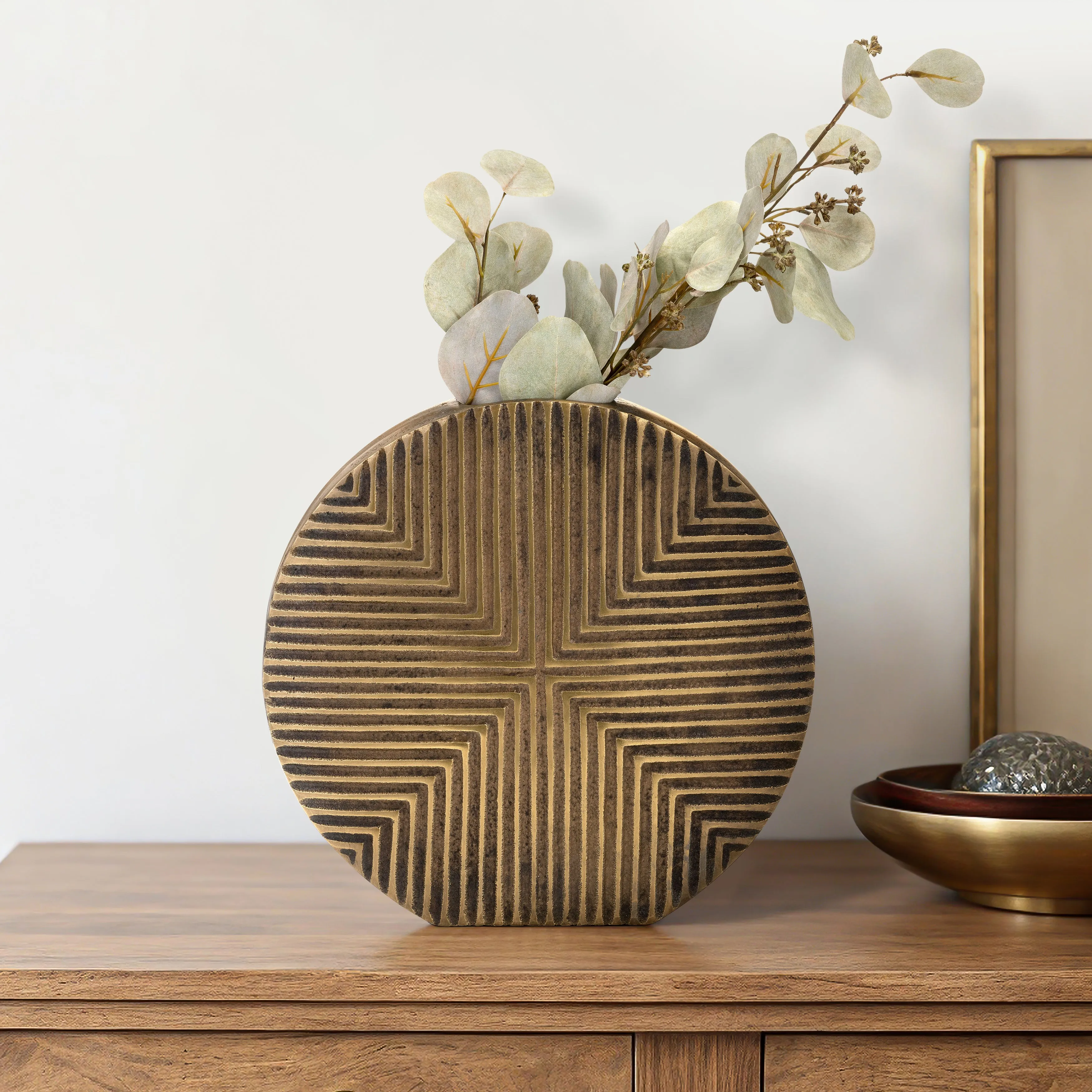 METAL, 13"H ROUND RIBBED VASE, BRASS ANTIQUE