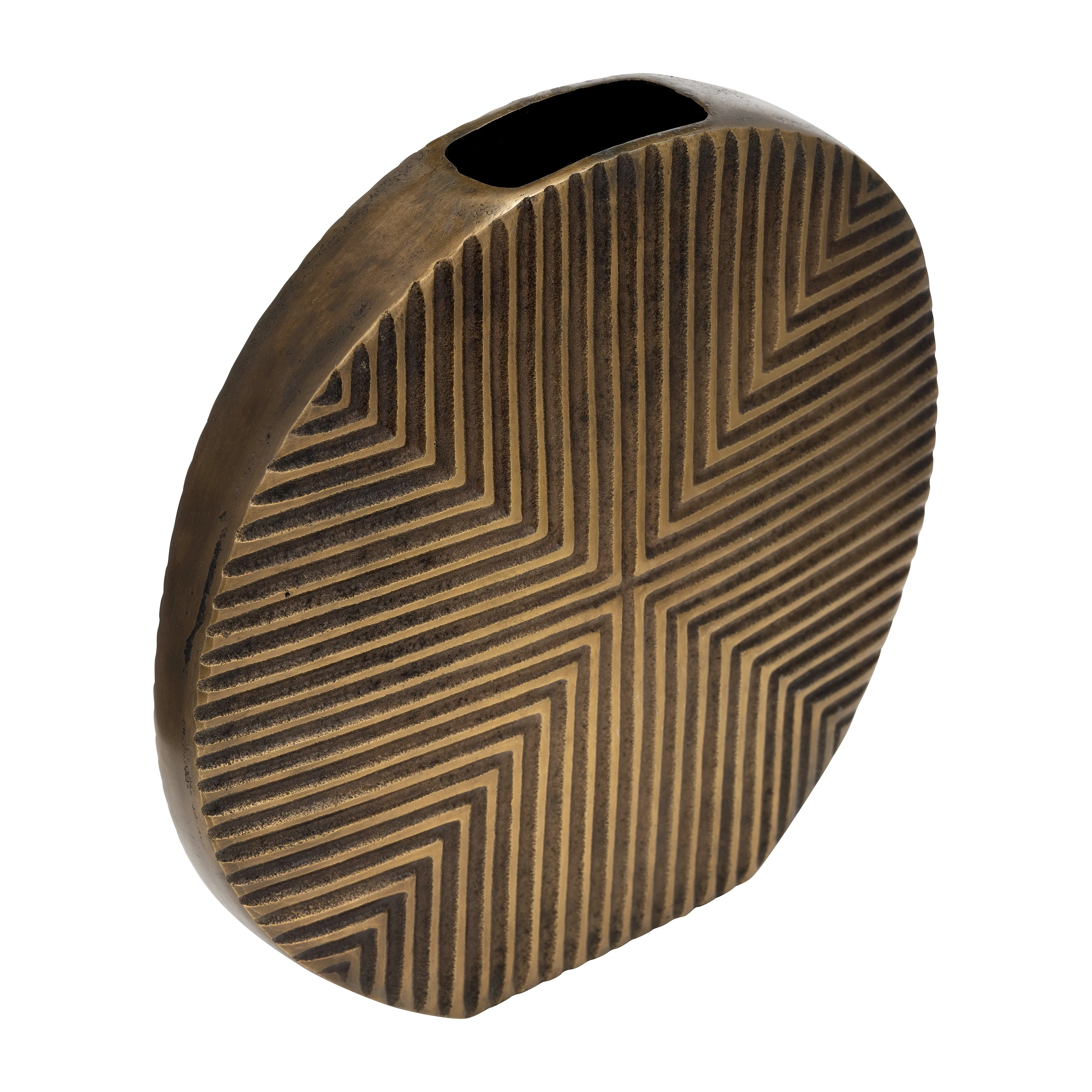 METAL, 13"H ROUND RIBBED VASE, BRASS ANTIQUE