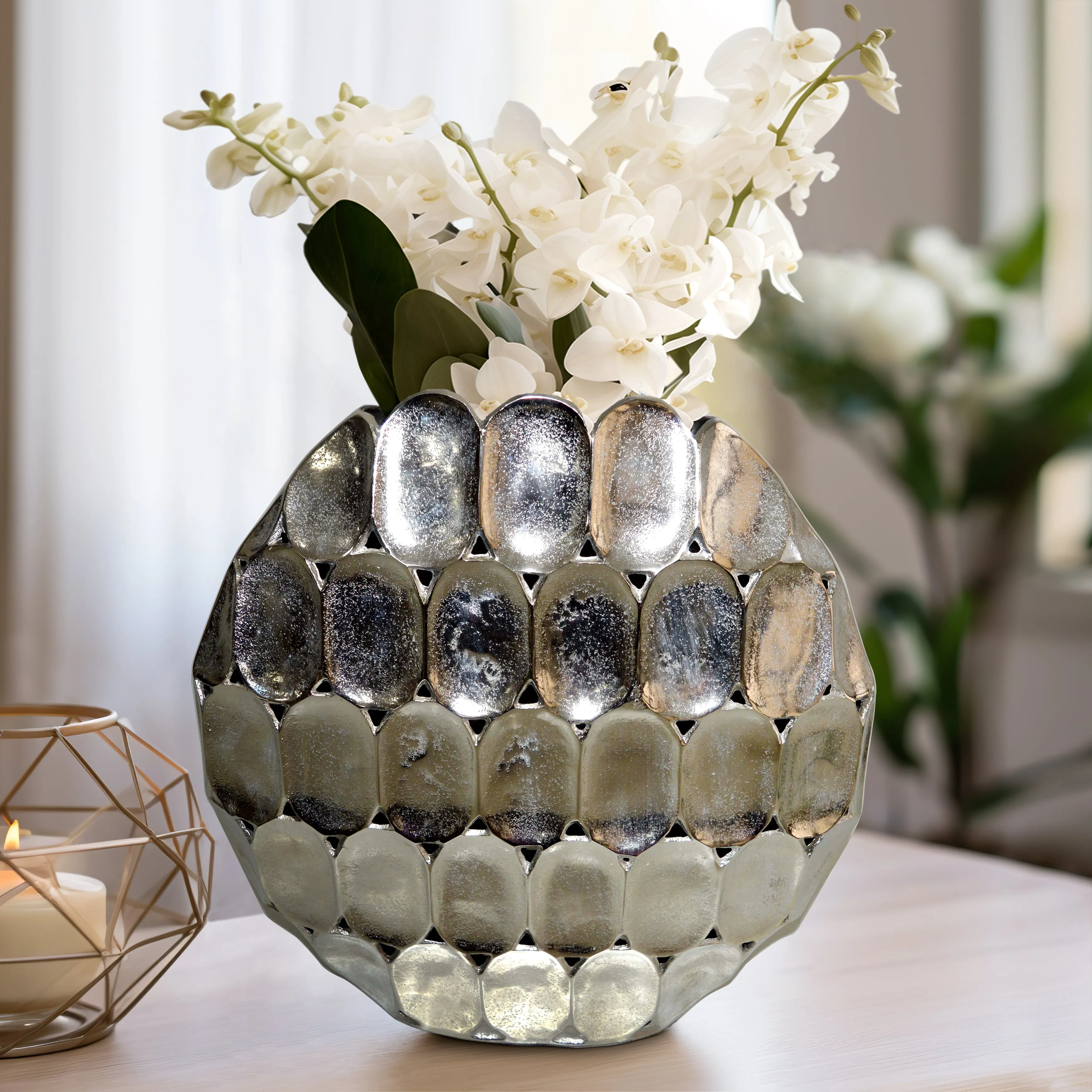METAL, 17" OVAL VASE, SILVER