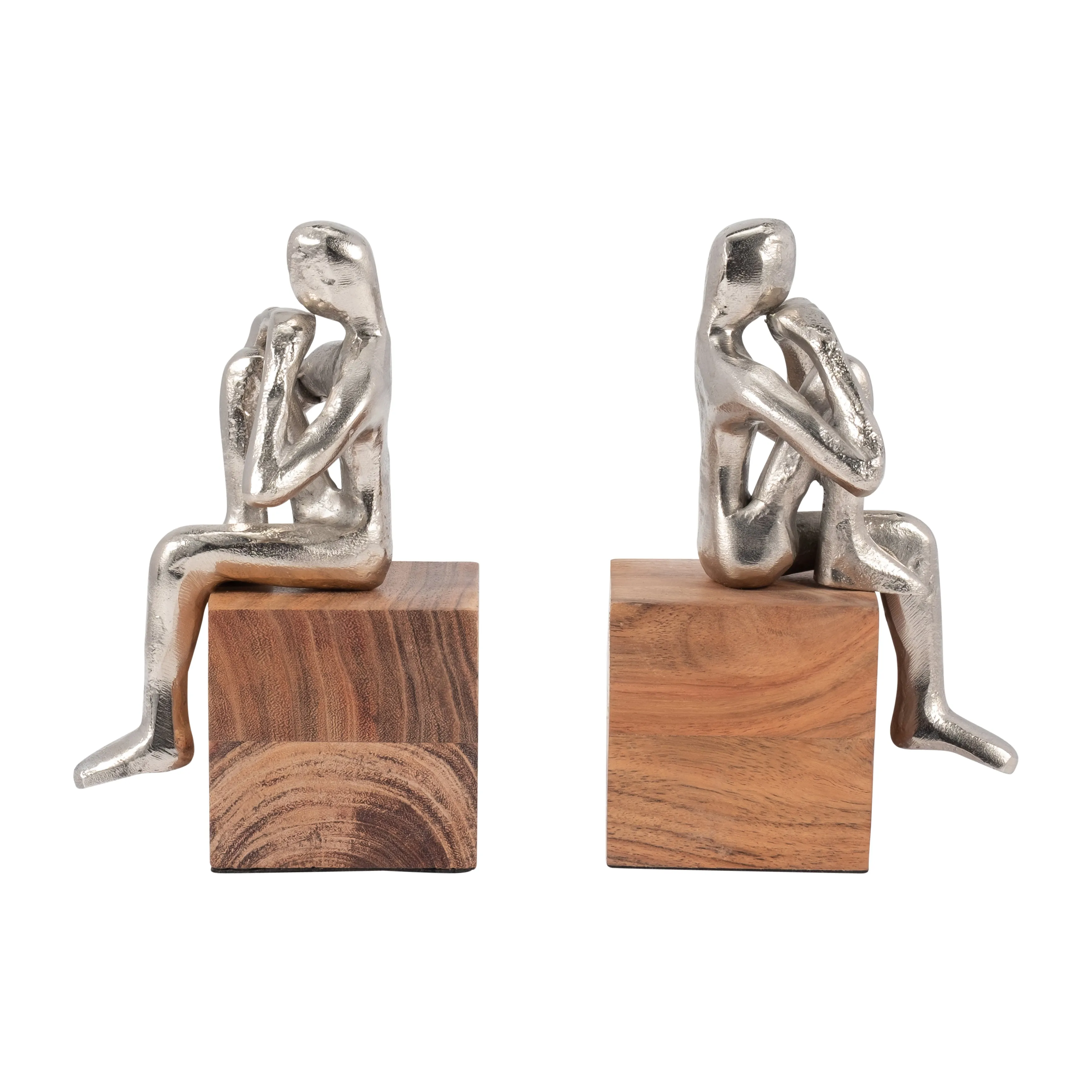 METAL, S/2 7" THINKING MAN BOOKEND WOOD BASE, SILV