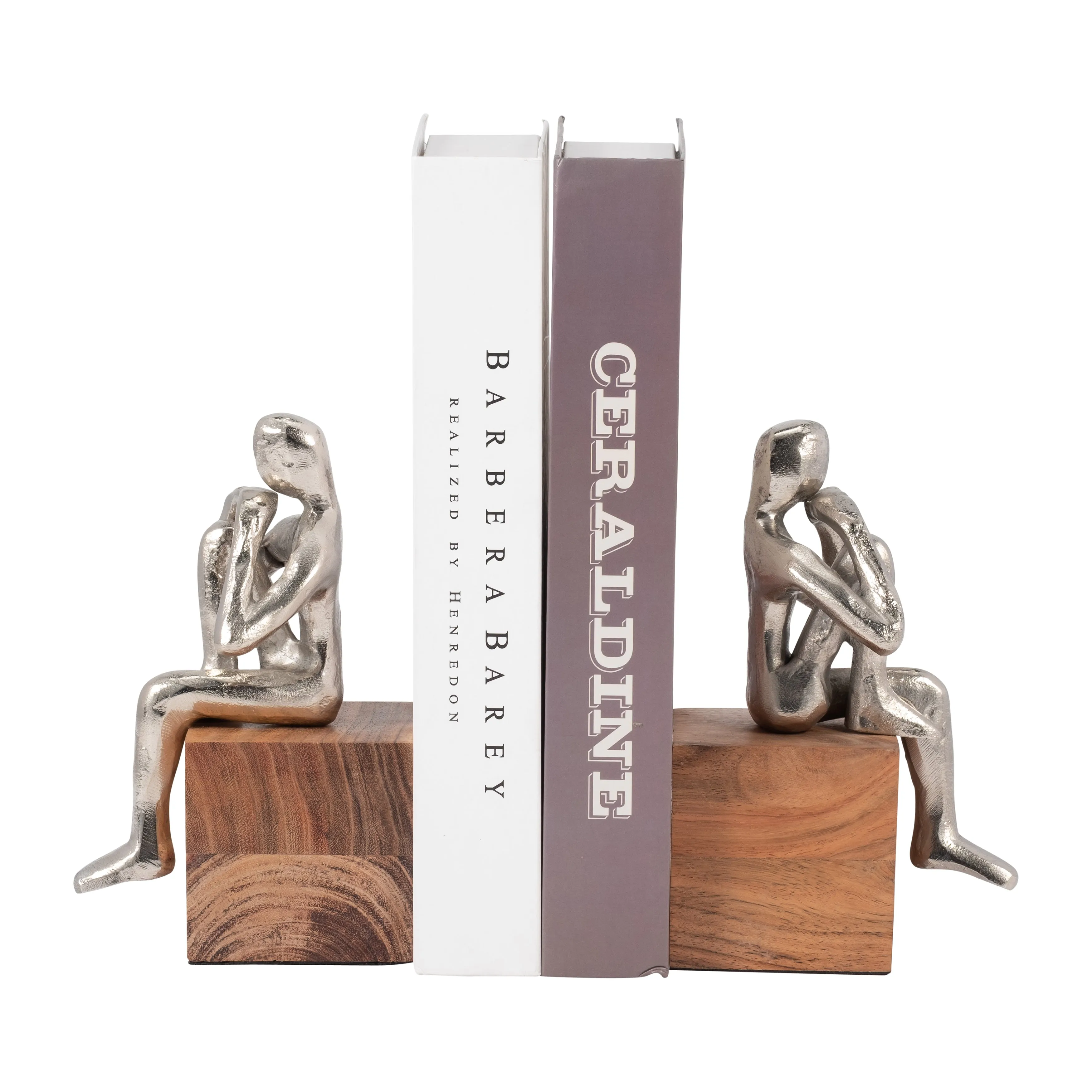 METAL, S/2 7" THINKING MAN BOOKEND WOOD BASE, SILV