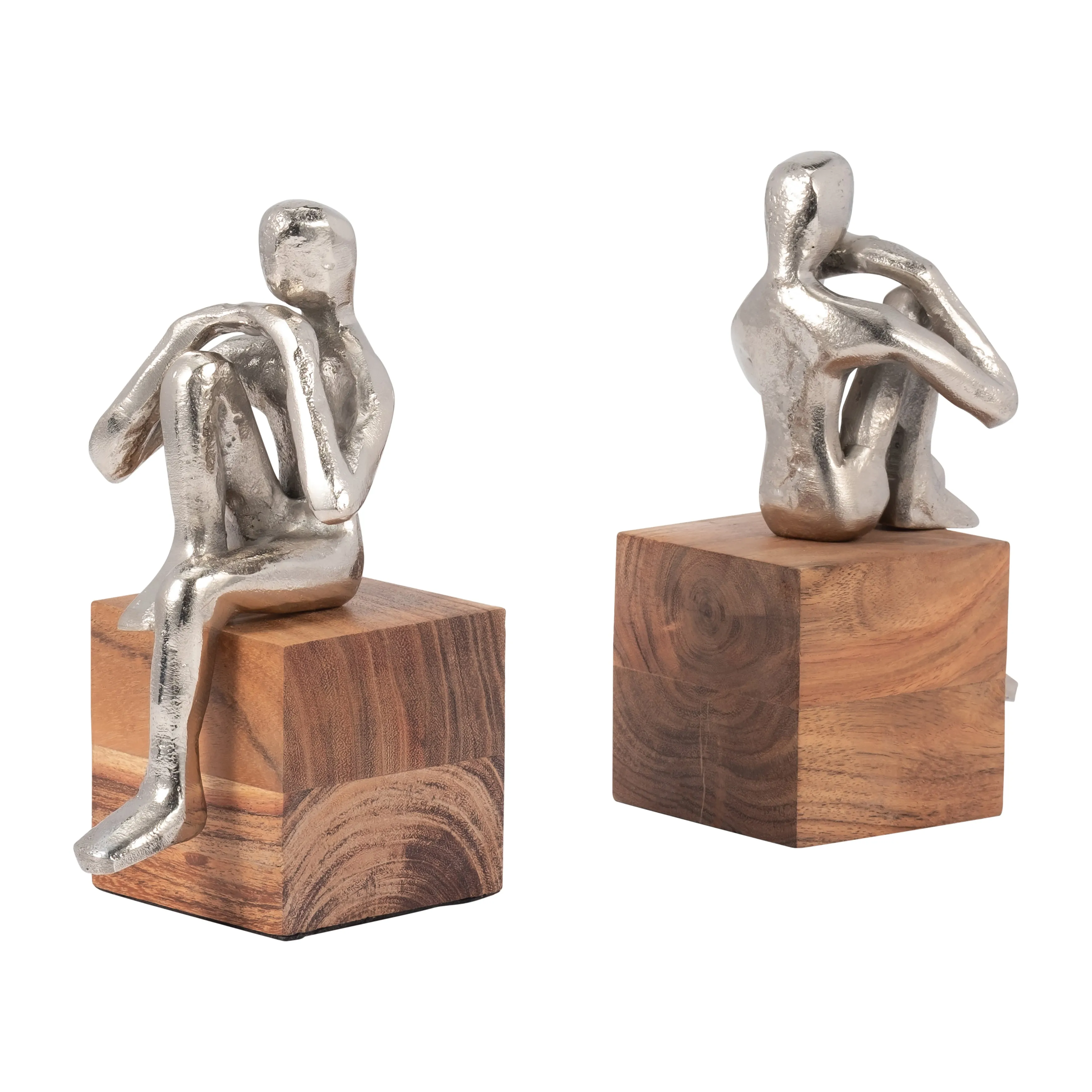METAL, S/2 7" THINKING MAN BOOKEND WOOD BASE, SILV