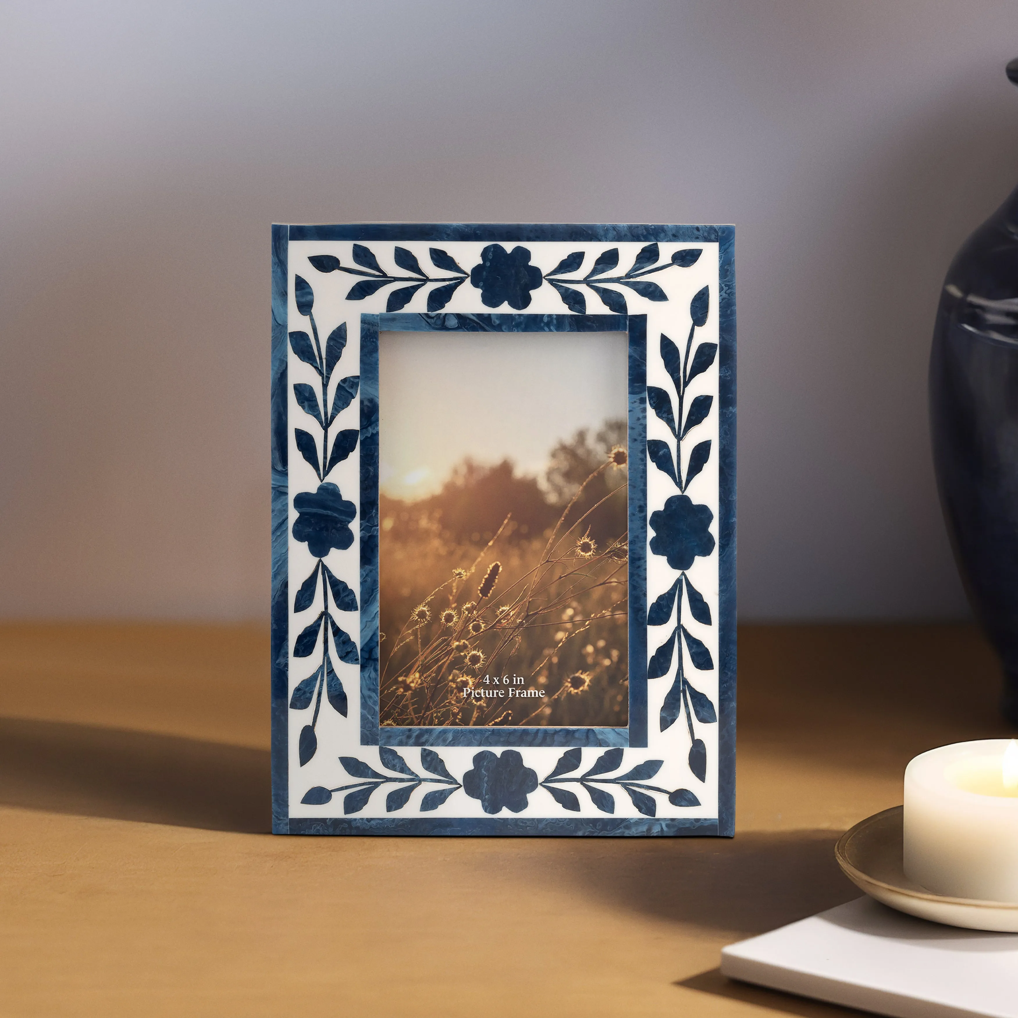 RESIN,4X6 BLUE PETALS PHOTO FRAME,WHITE/BLUE