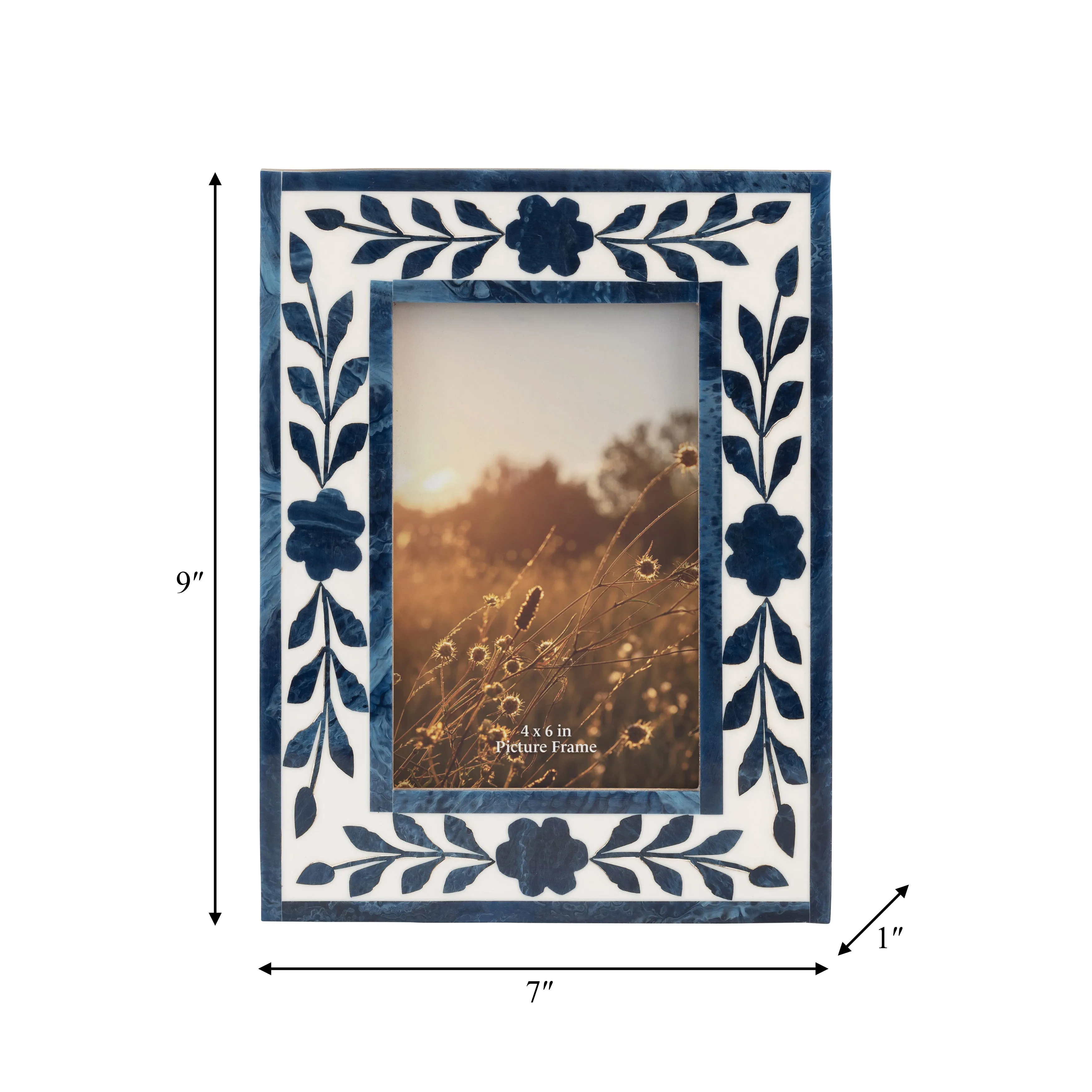 RESIN,4X6 BLUE PETALS PHOTO FRAME,WHITE/BLUE
