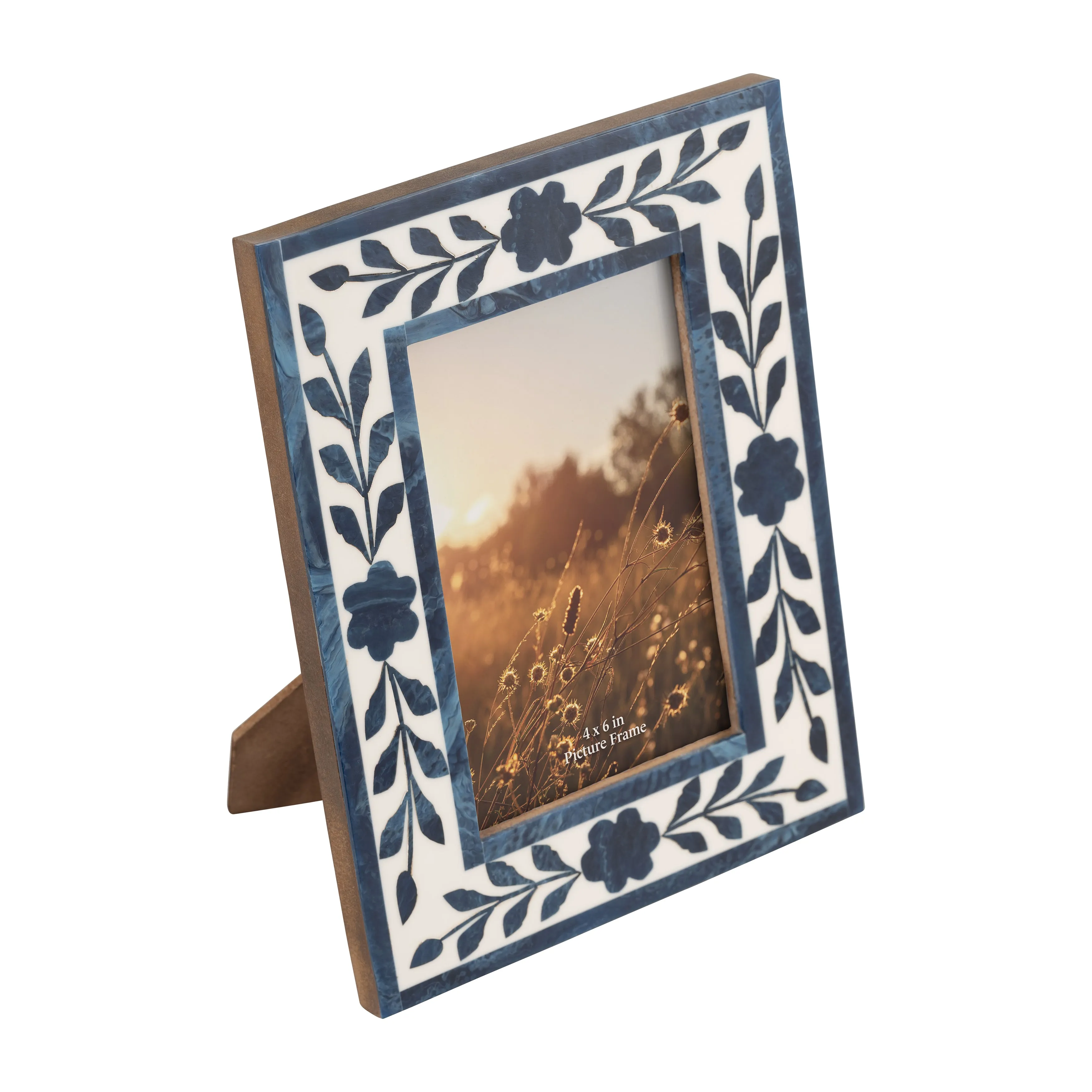 RESIN,4X6 BLUE PETALS PHOTO FRAME,WHITE/BLUE