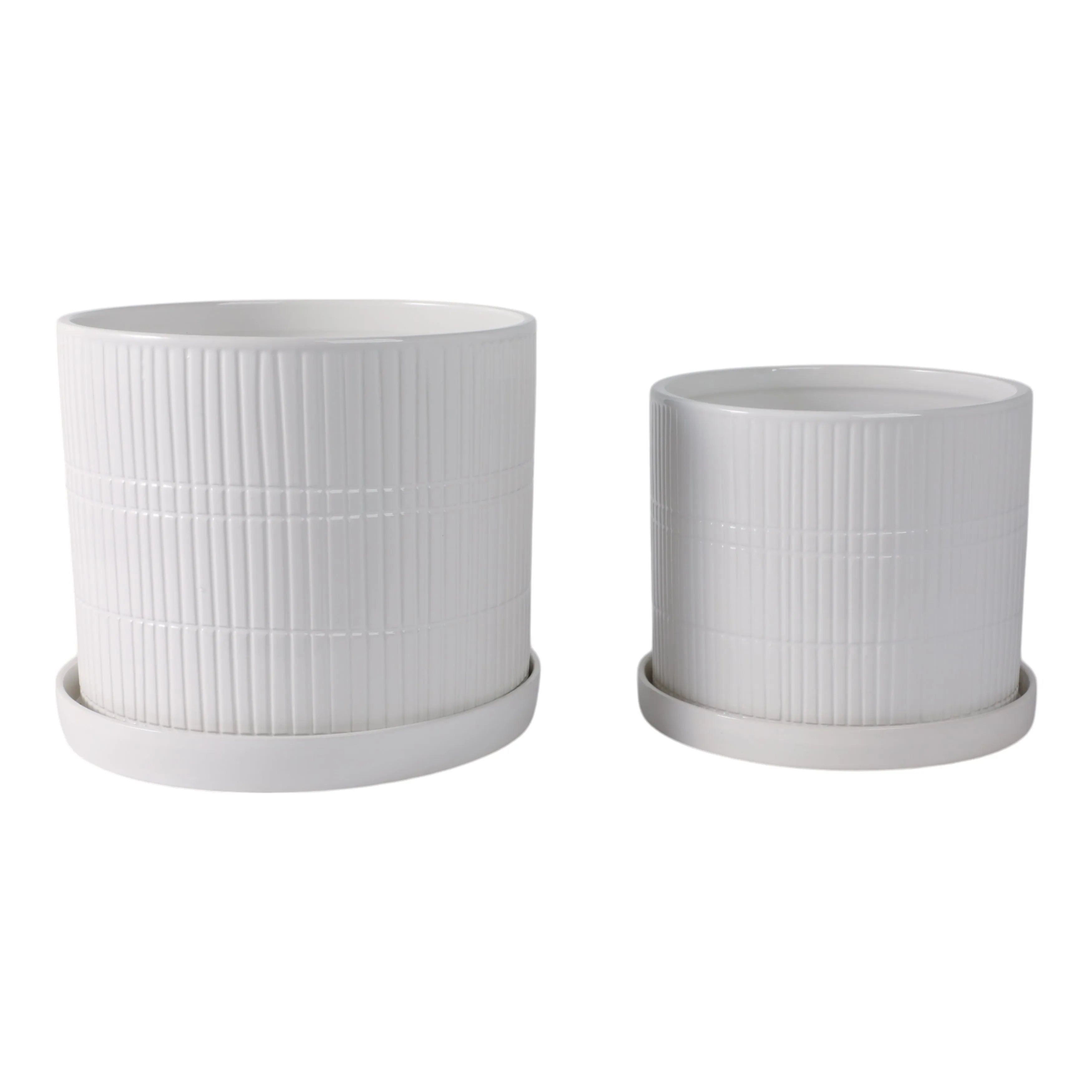 S/2 10/12" Line Textured Planter, White