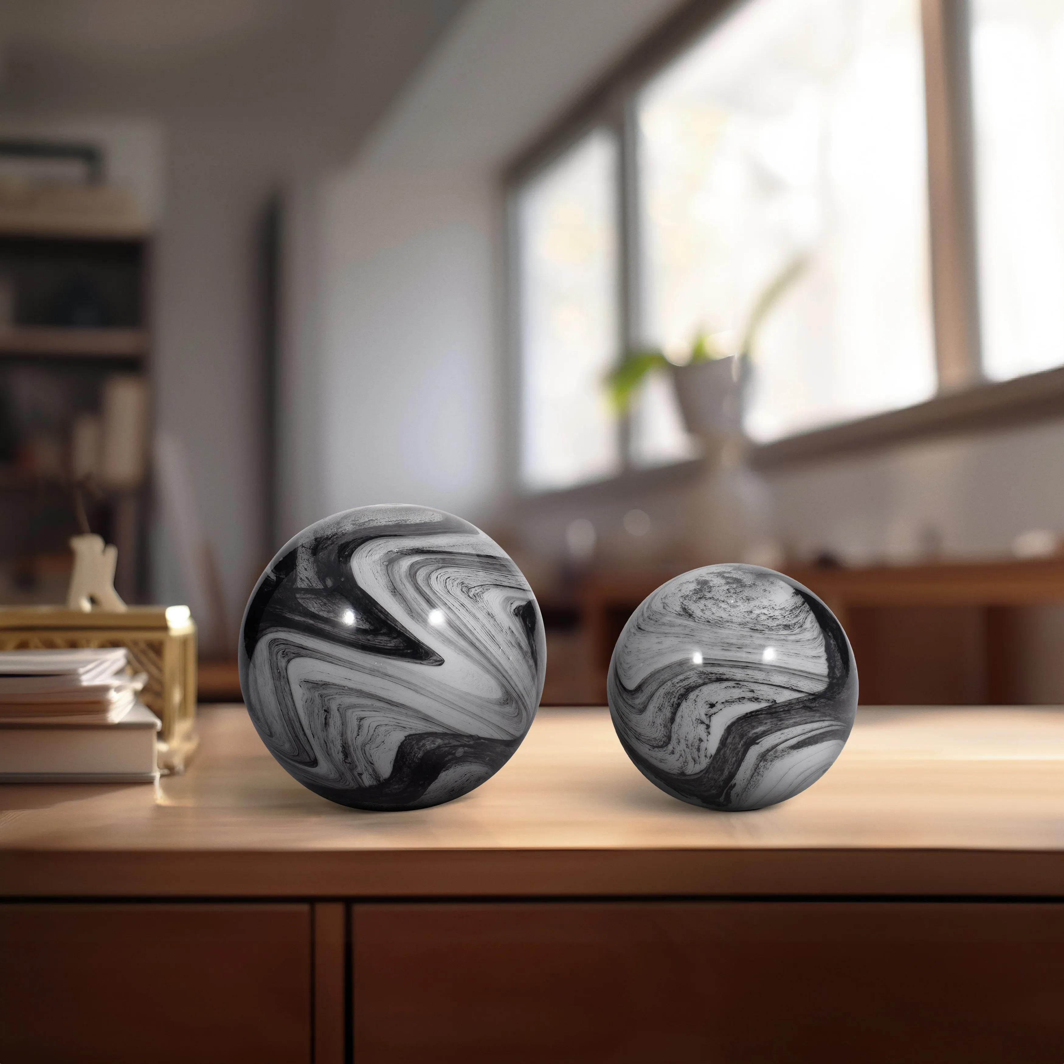 S/2 5/6" KATRINA GRAY SWIRL SPHERES