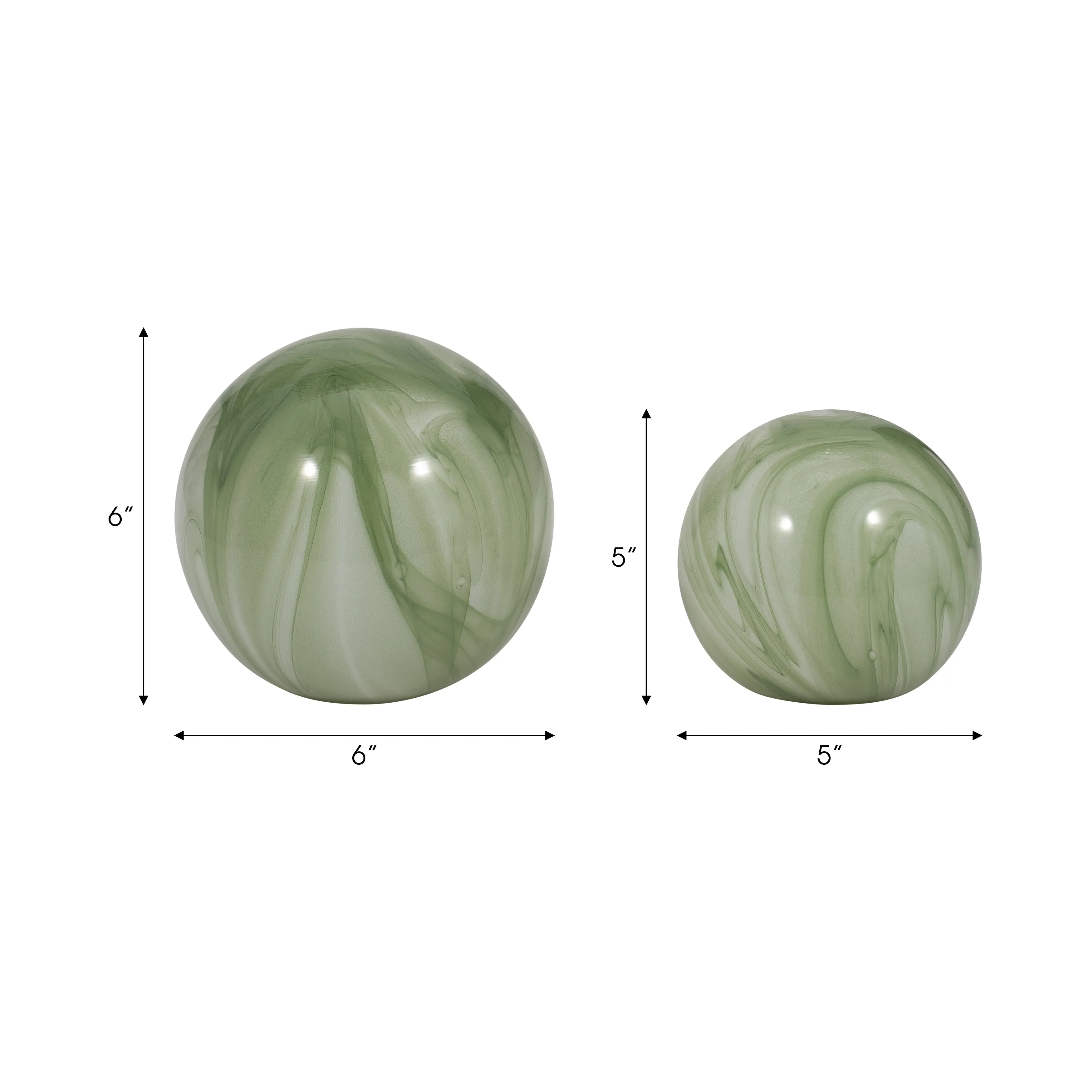 S/2 5/6" LUCINDA GREEN SWIRL SPHERES